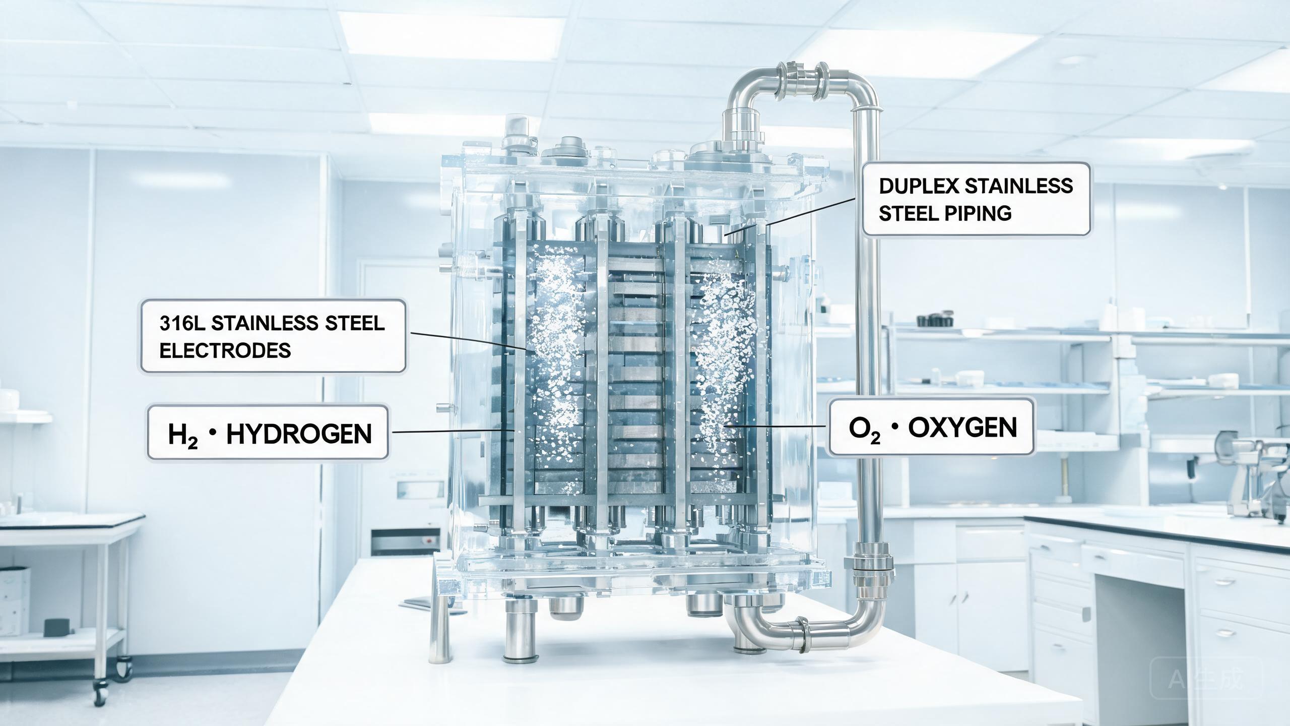 Alkaline water electrolysis cell stack with stainless steel components