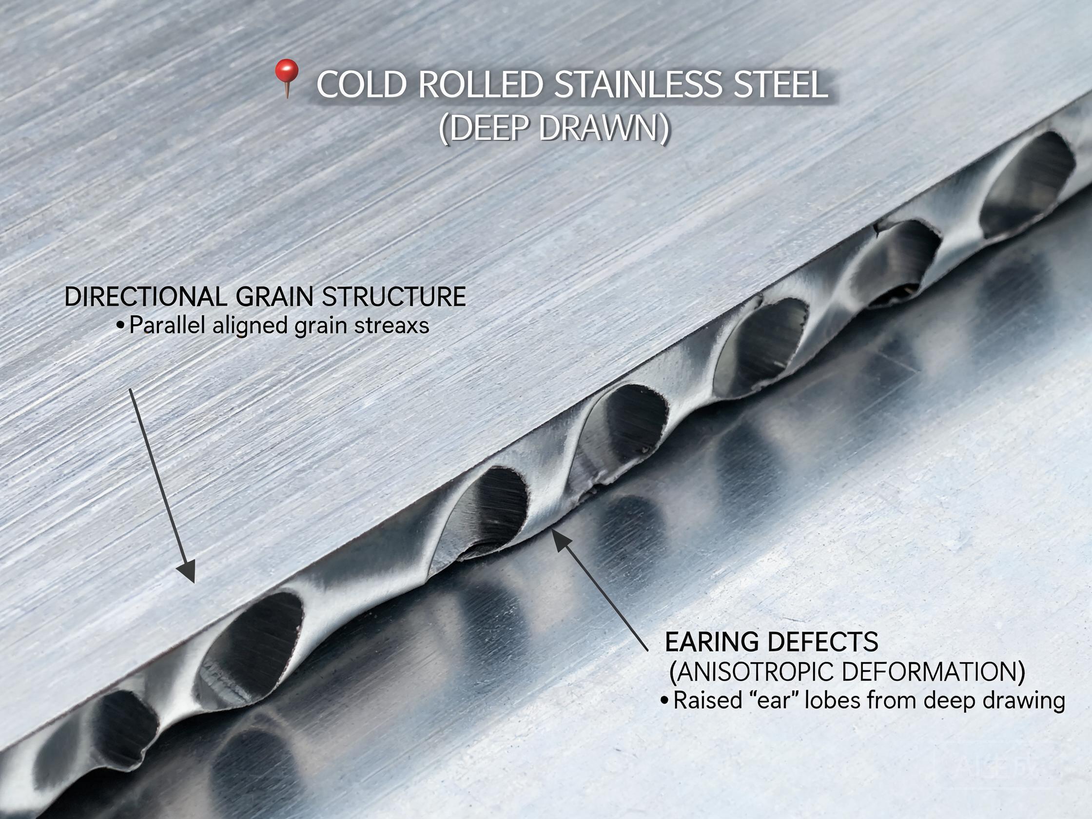 Stainless steel blank showing directional stamping feather edges and deep drawing earing from anisotropy