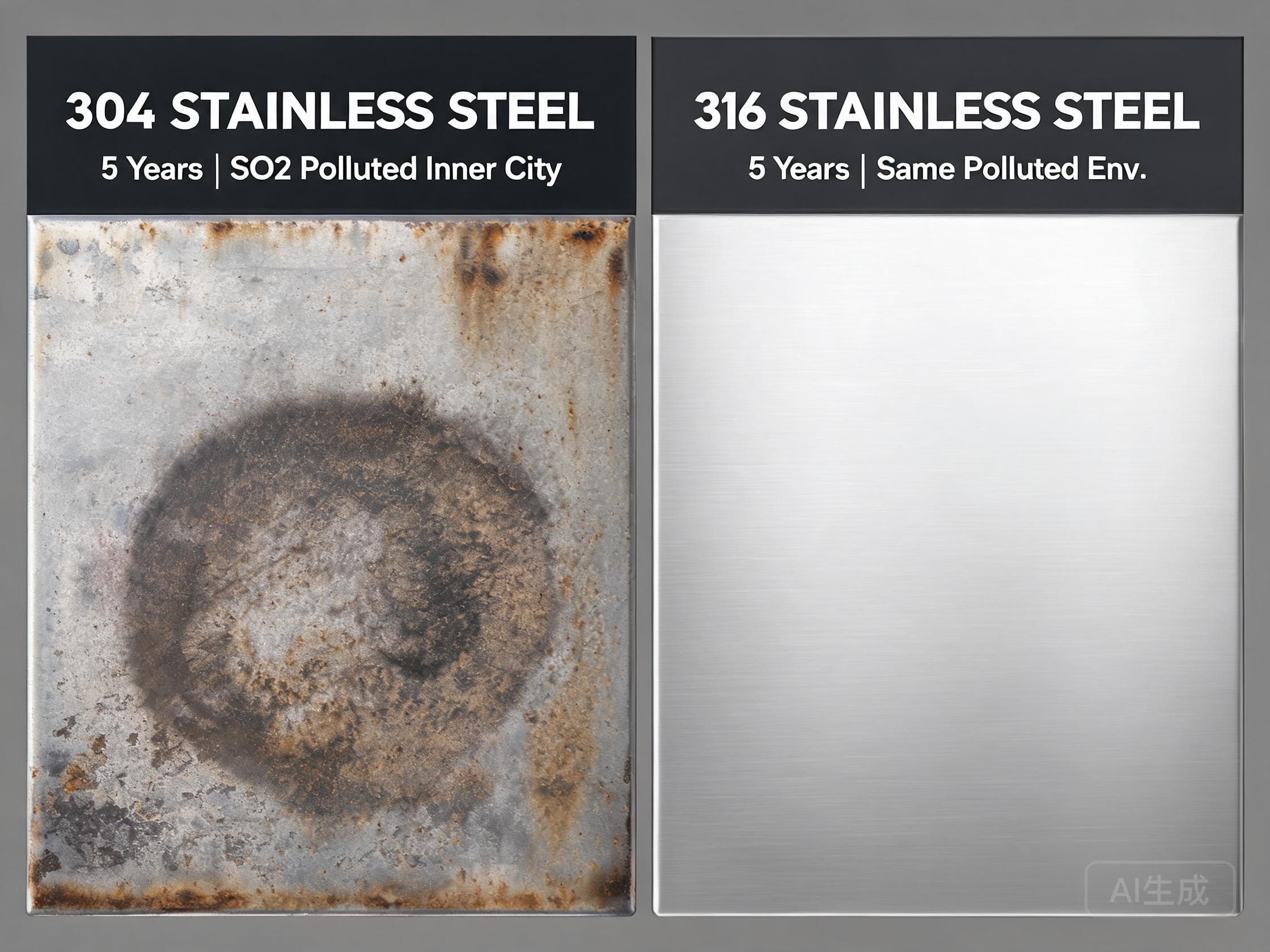 Cold rolled 304 stainless steel showing atmospheric rusting after 5 years in a polluted city