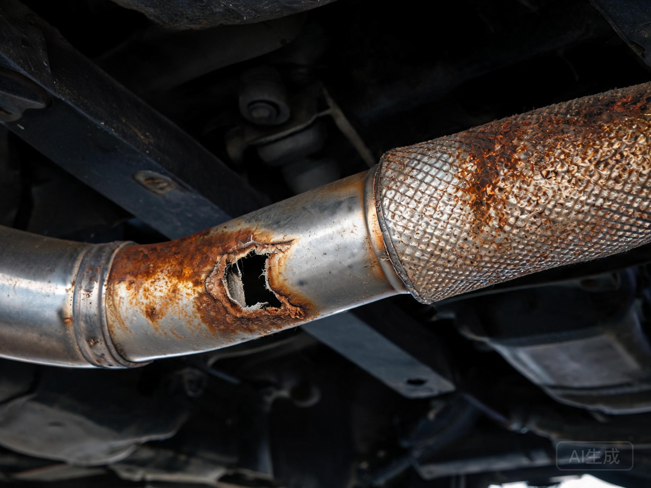 Rust-stained automotive muffler showing condensate corrosion on a cold rolled stainless steel exhaust system