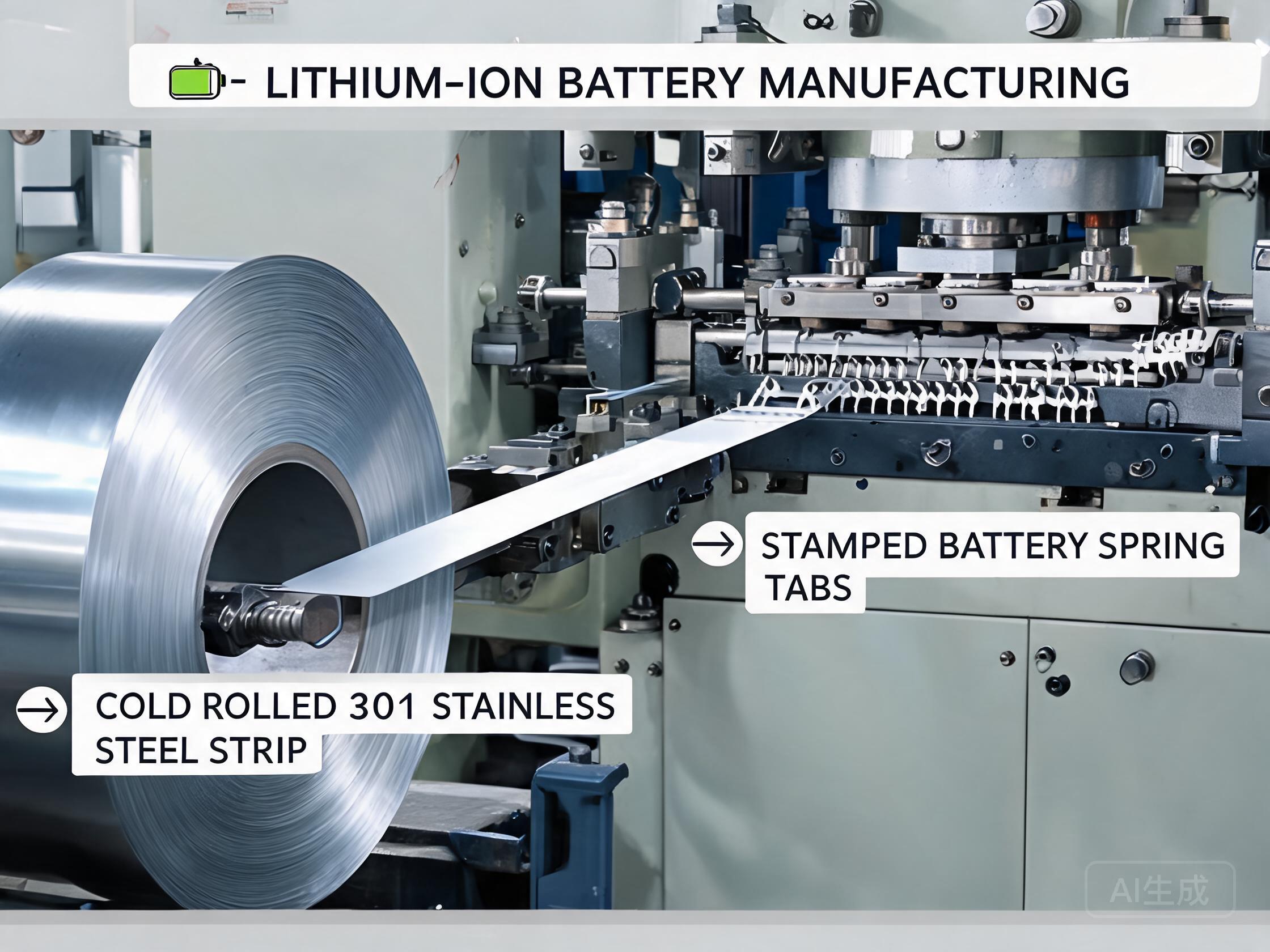 Cold rolled 301 stainless steel spring tabs and 304 cell housing components for EV battery pack