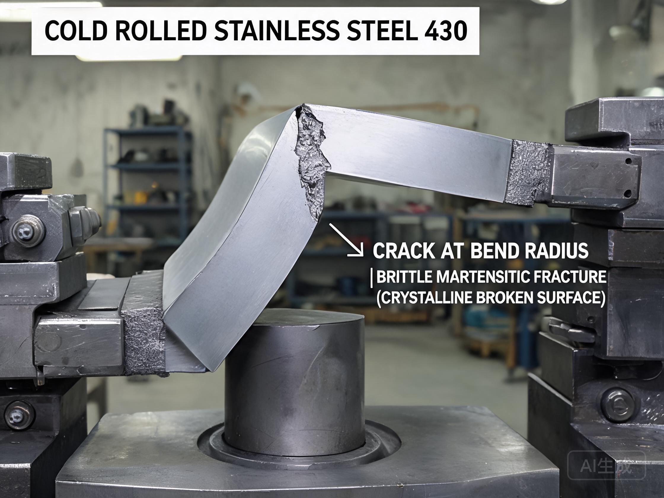 Stainless steel bent part showing edge cracking caused by too-small bend radius and wrong rolling direction