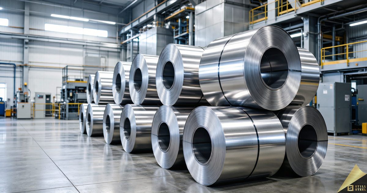 Stainless steel coils at a Chinese warehouse—output at a record for the period amid falling inventory.