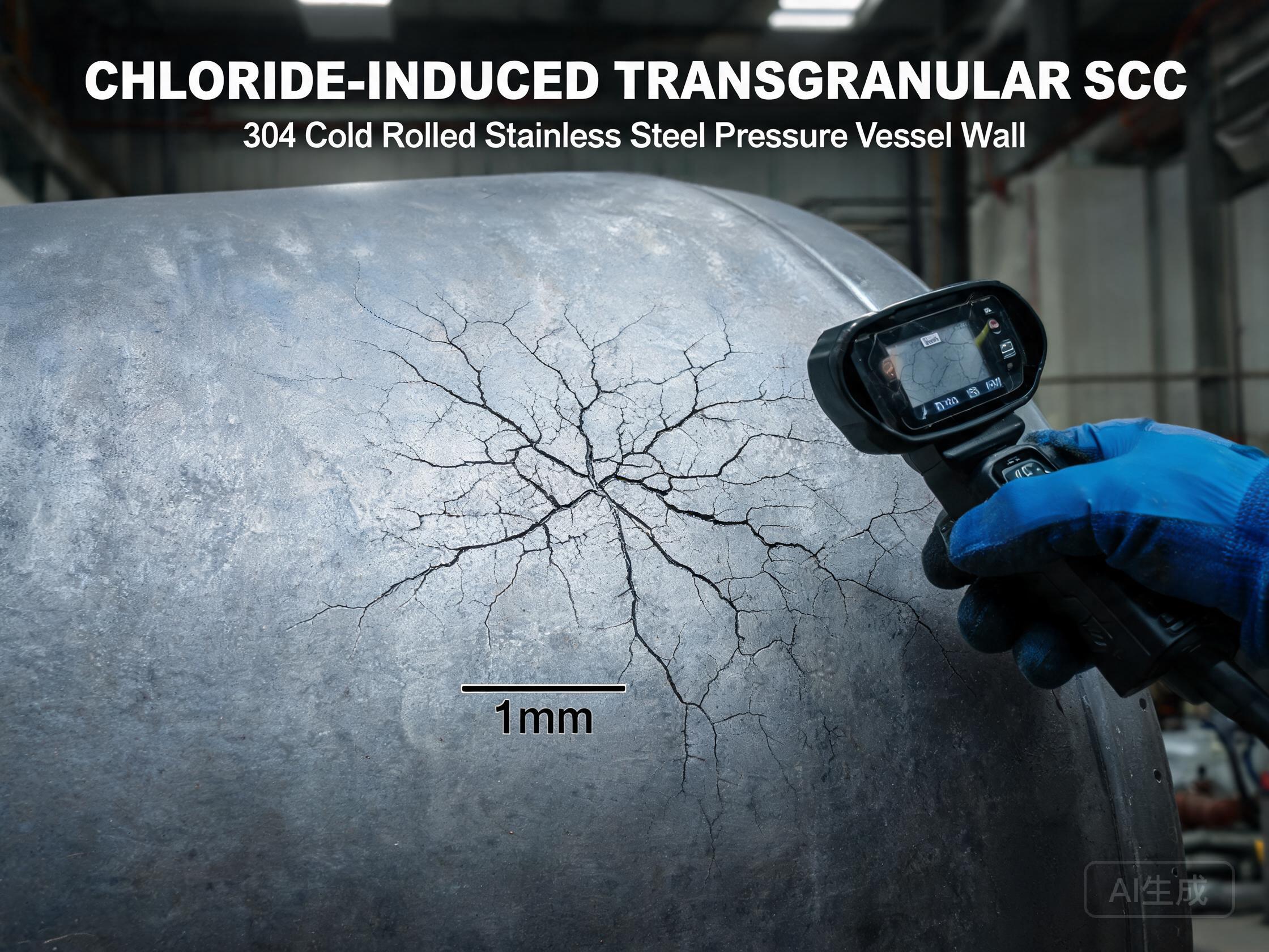 Fine transgranular chloride SCC cracks on cold rolled 304 stainless steel surface