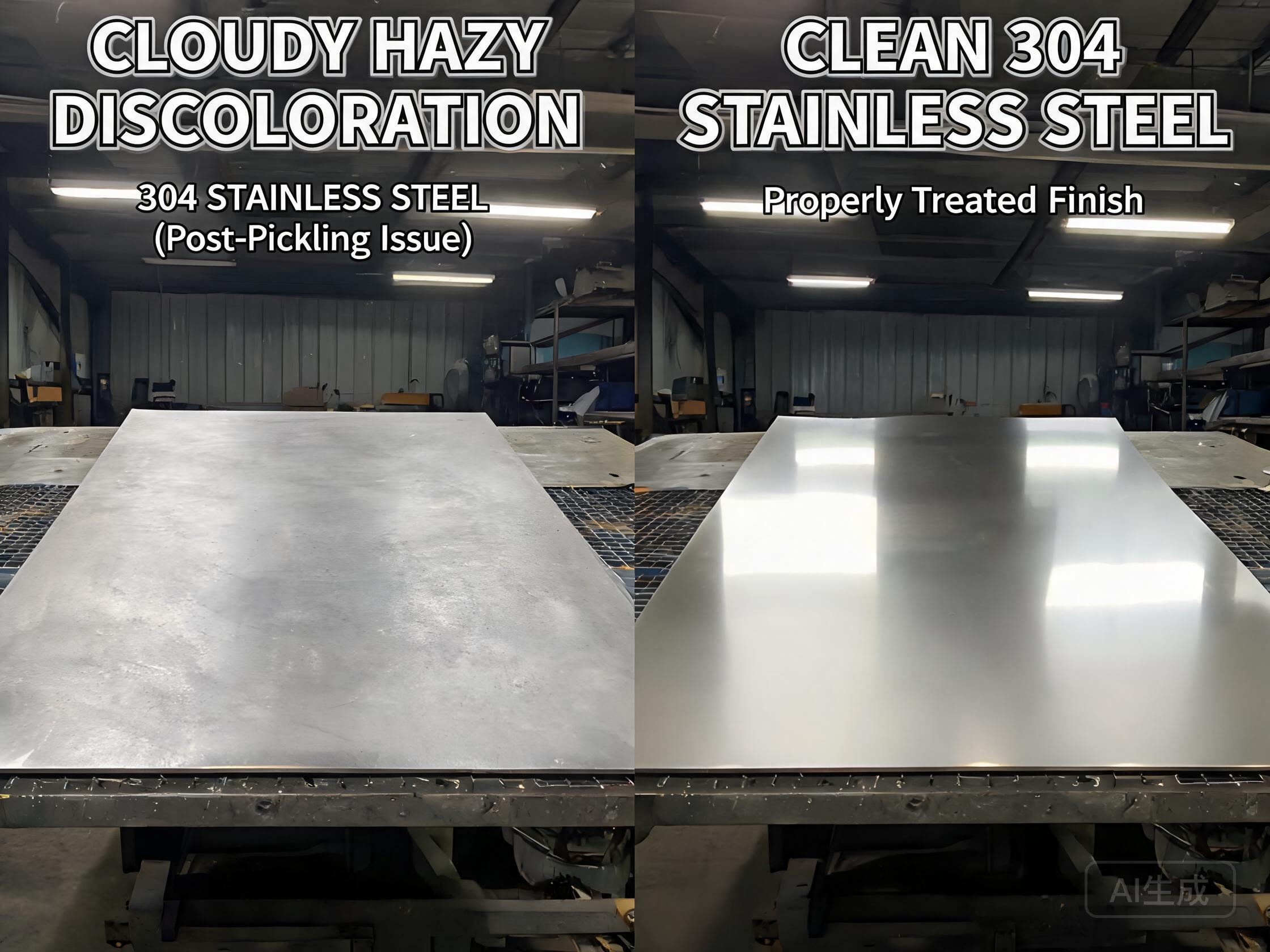 Cloudy hazy discoloration on pickled and passivated stainless steel sheet