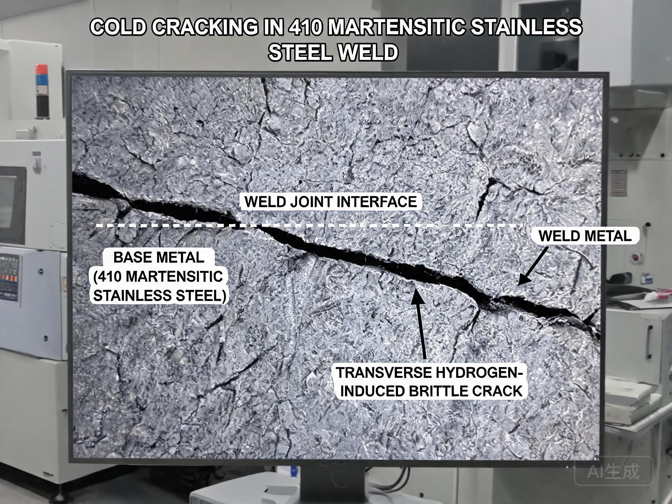 Cold crack at toe of 410 stainless steel fillet weld, highlighted with magnetic particle inspection