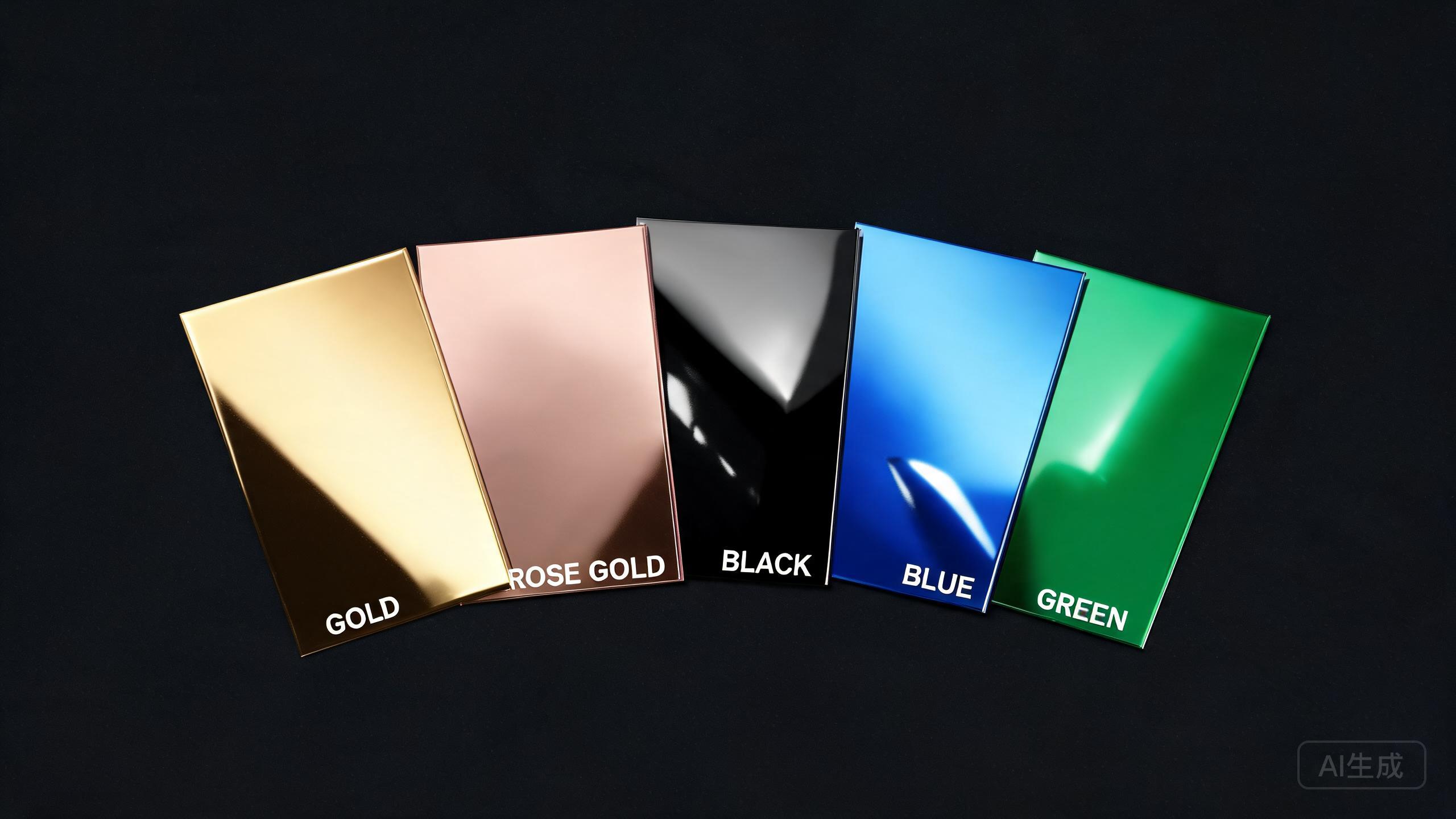 PVD coated colored stainless steel samples showing gold, black, and rose gold finishes