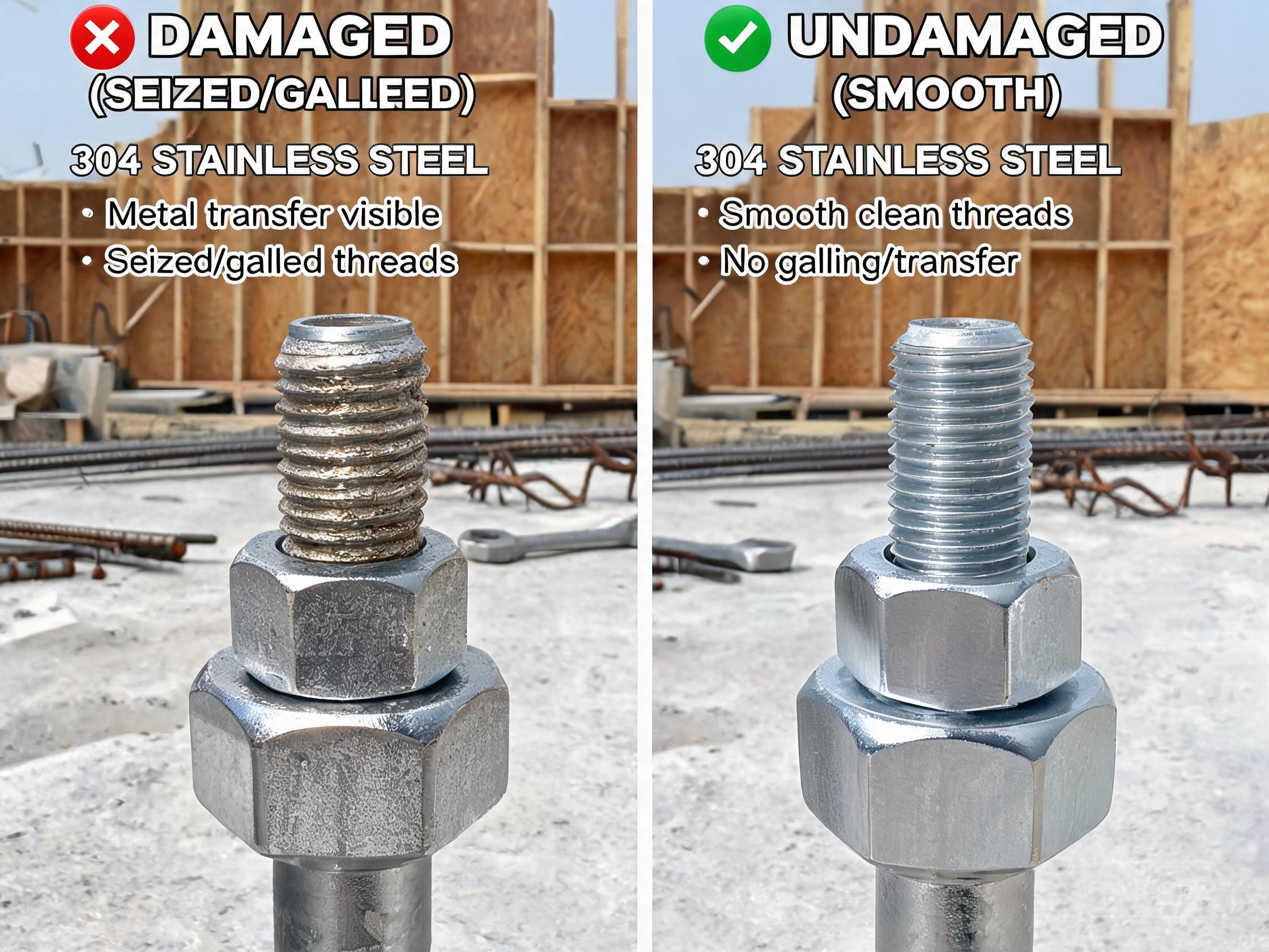 Galled and seized cold rolled stainless steel bolt and nut with visible thread damage