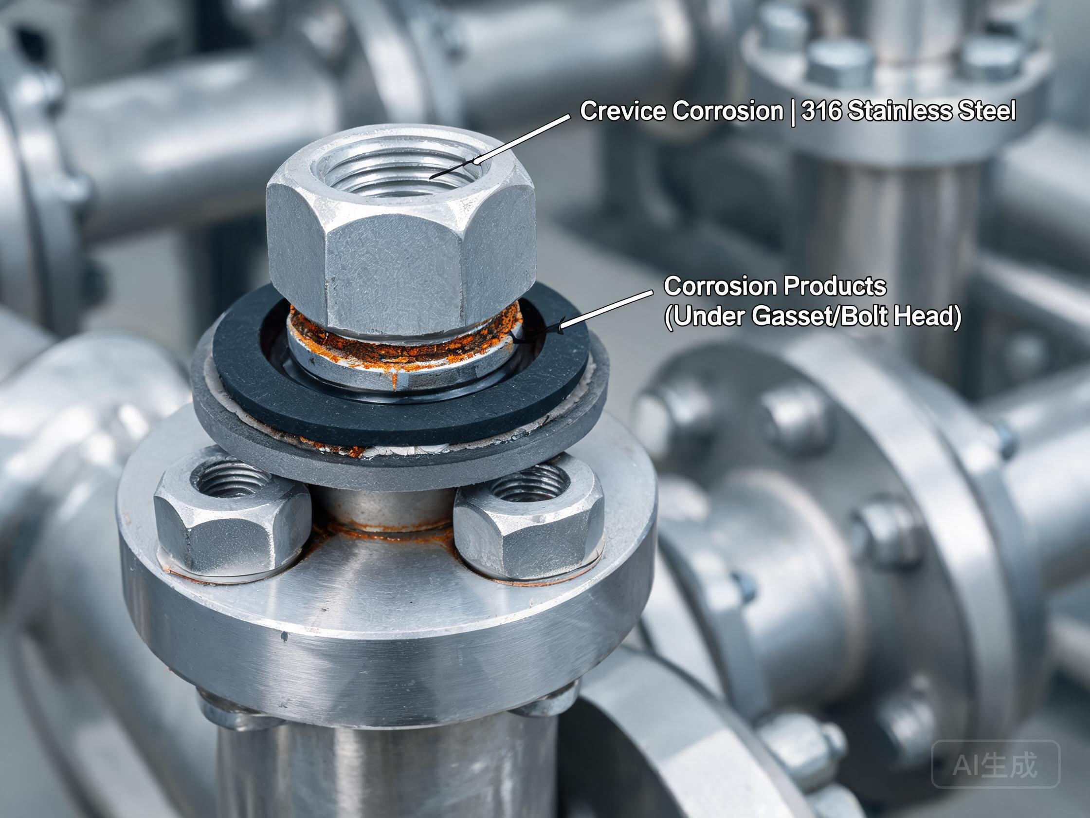 Bolted stainless steel joint showing crevice corrosion under gasket
