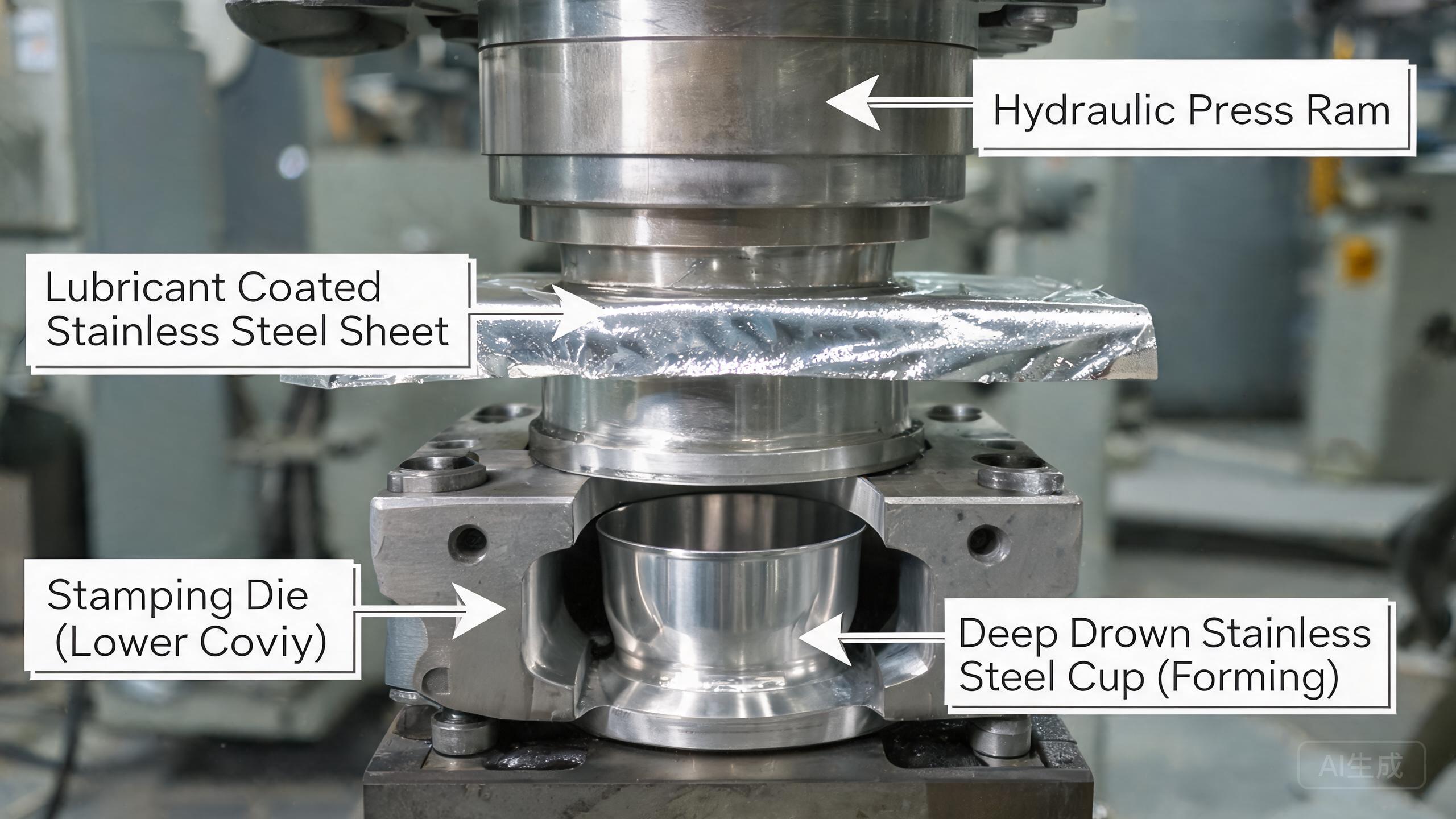 Deep-drawn stainless steel parts showing proper vs failed lubrication results