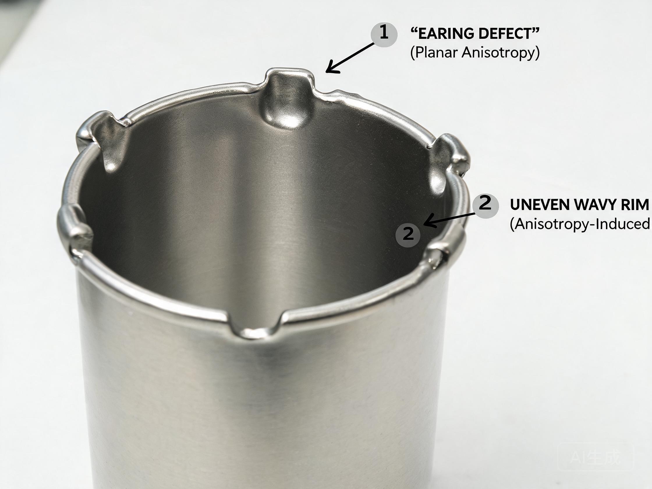 Top view of a deep drawn stainless steel cup showing four earing lobes caused by planar anisotropy