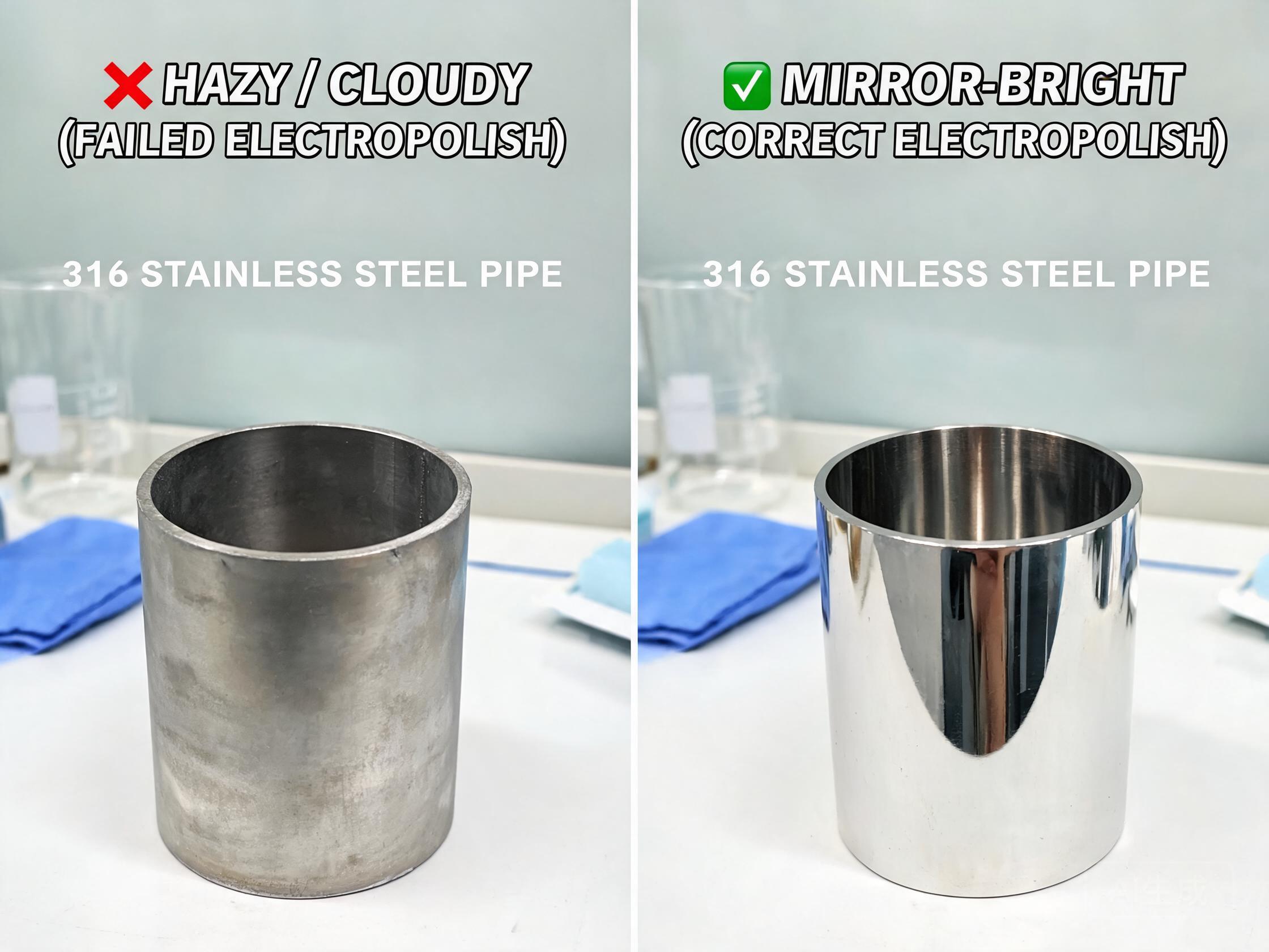 Hazy electropolished 316 stainless steel showing cloudy non-mirror finish