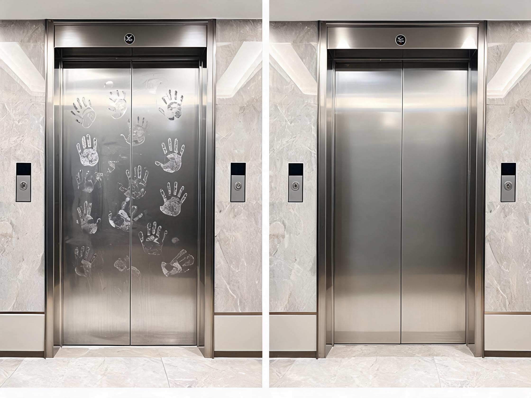 Cold rolled 304 mirror polished elevator panel showing visible fingerprints before and after TiO2 anti-fingerprint treatment