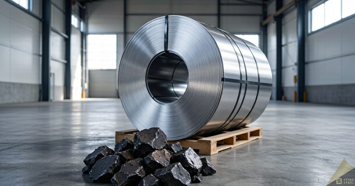 Stacked 430 stainless steel cold rolled coils beside ferrochrome raw material, illustrating August ferrochrome tender cuts