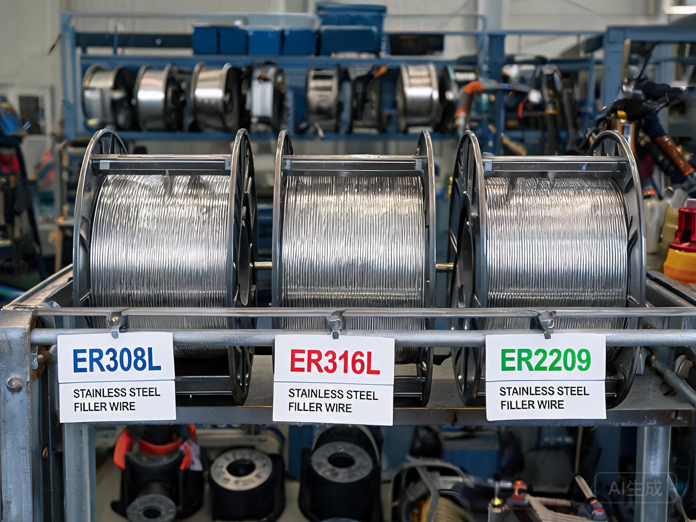 Three spools of stainless steel filler wire: ER308L, ER316L and ER2209, arranged with their PREN values labeled