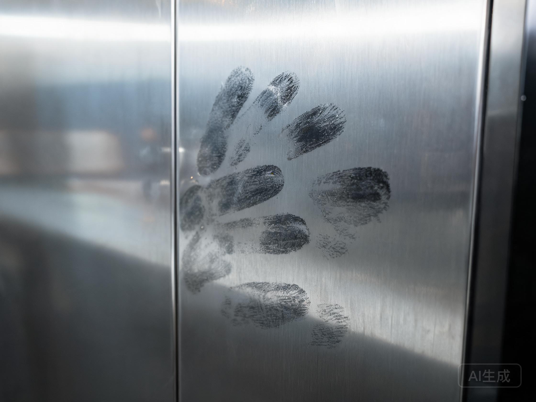 Close-up of unsightly fingerprint stains on polished stainless steel elevator panel