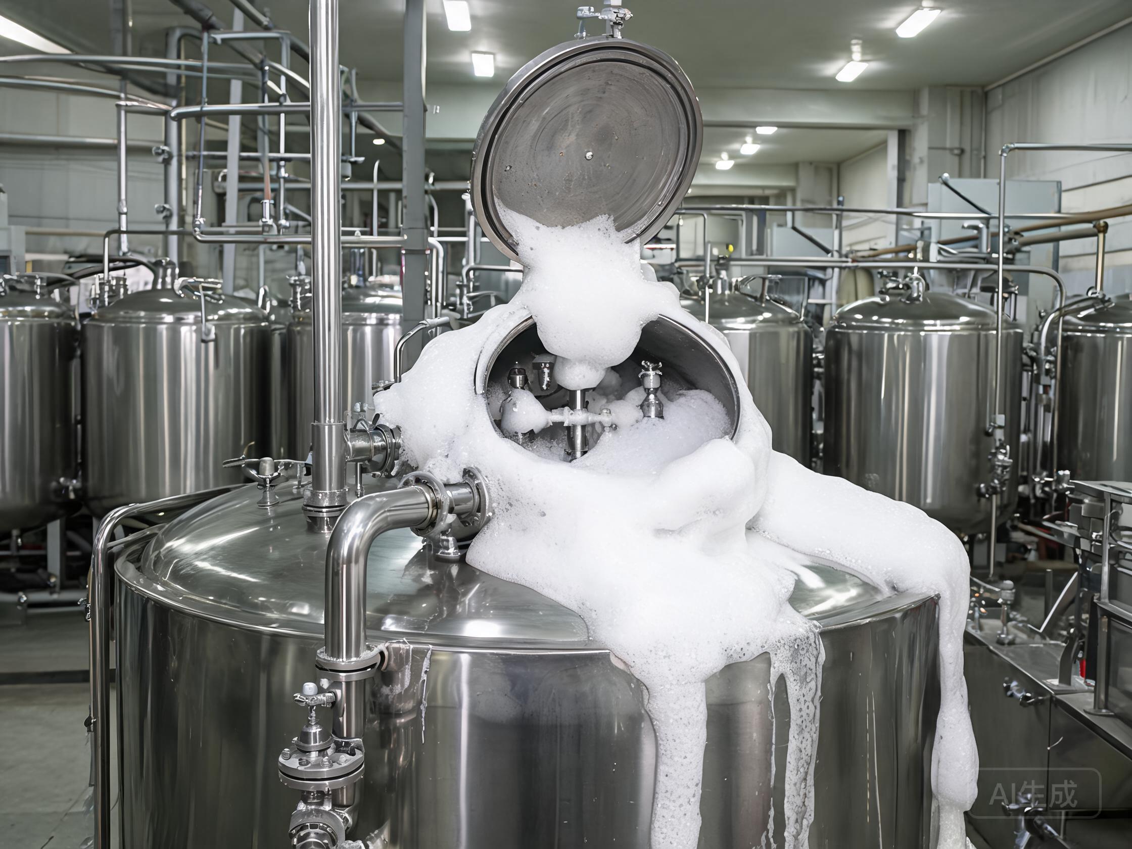 CIP cleaning system with white foam residue clinging to cold rolled stainless steel tank wall