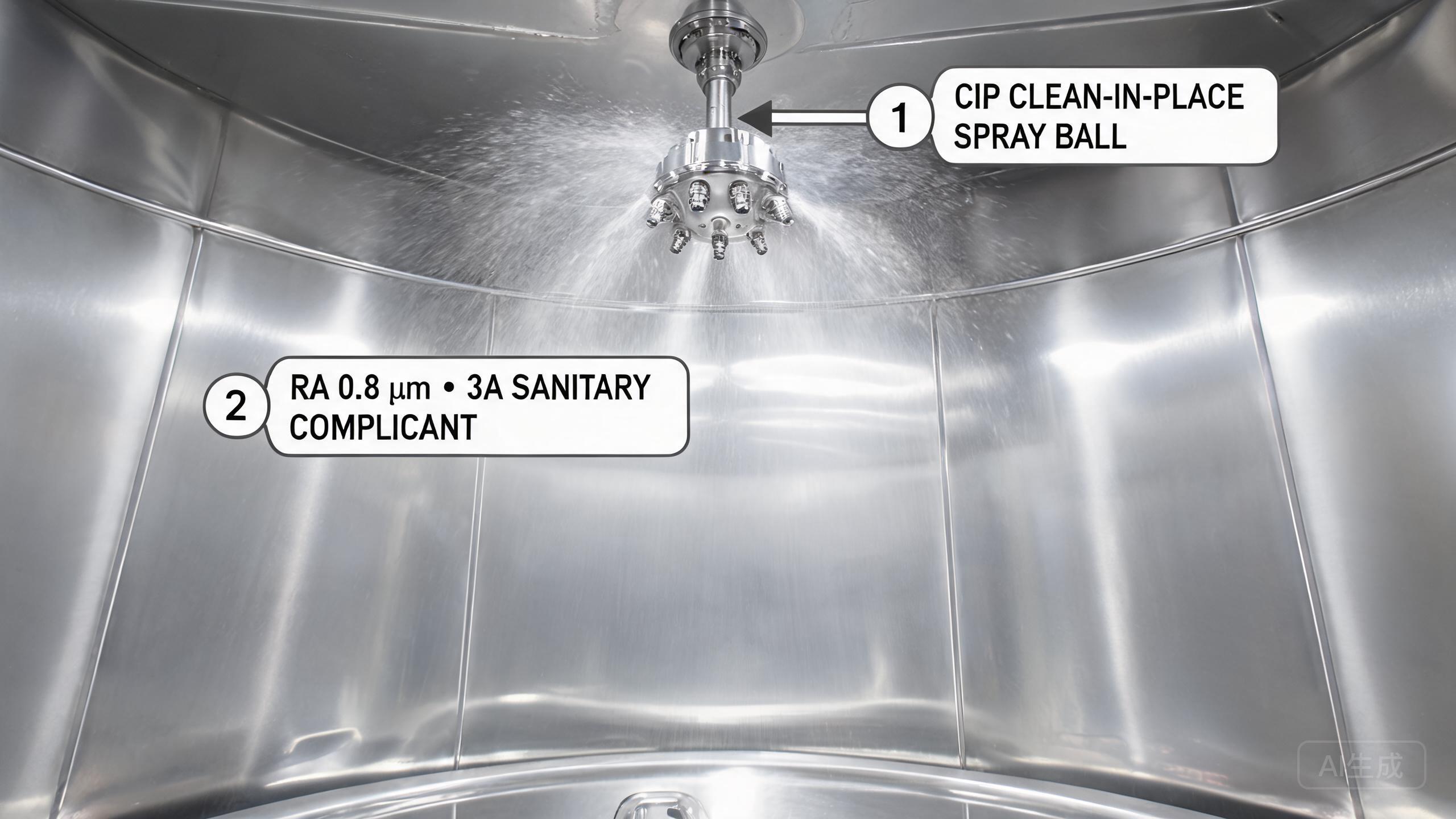CIP cleanable stainless steel food processing tank with smooth electropolished interior