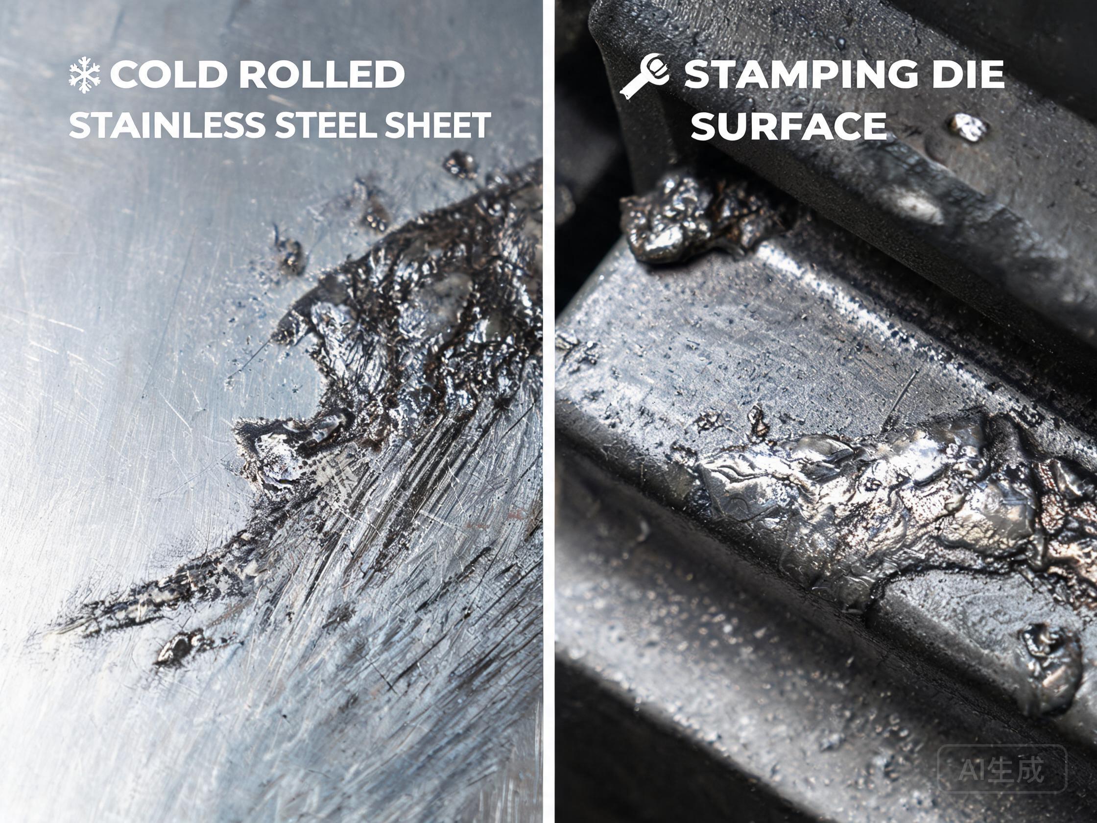 Stamped stainless steel part showing transfer adhesion and galling damage on the die face