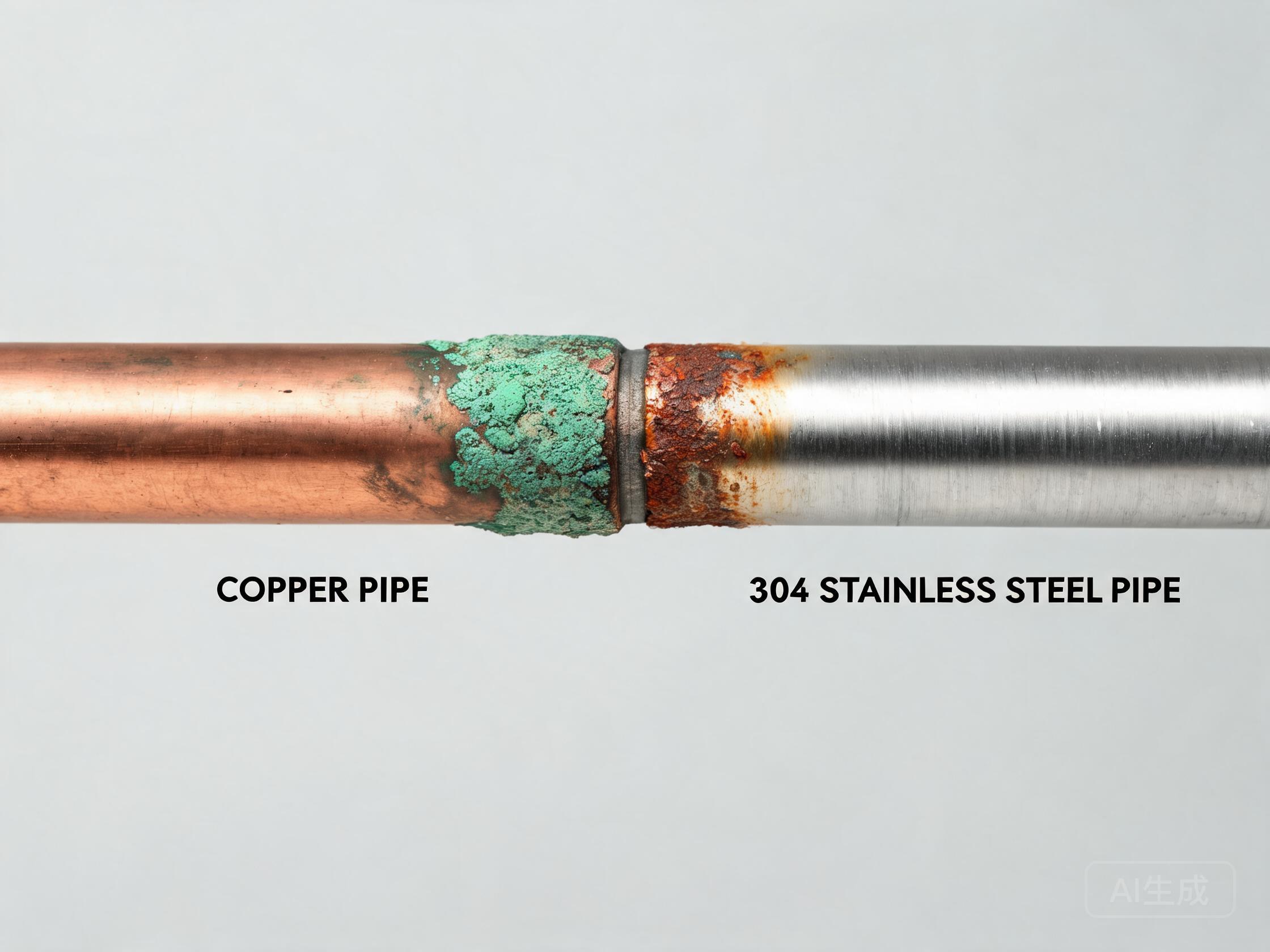 Copper pipe connected to stainless steel showing galvanic corrosion at the joint