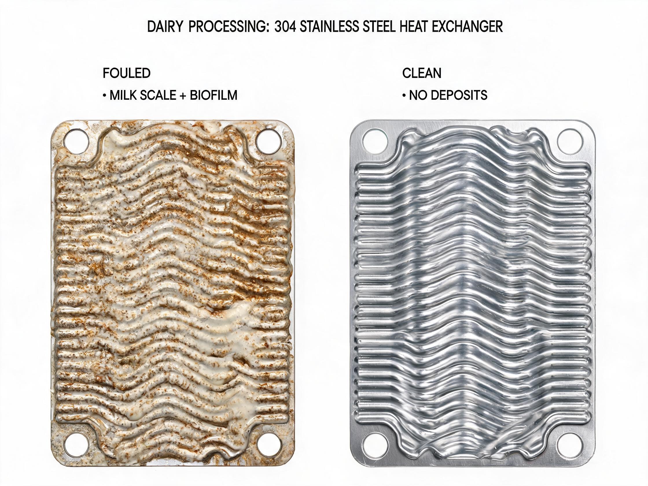 Cold rolled 304 stainless steel plate heat exchanger with white milk protein fouling between the plates