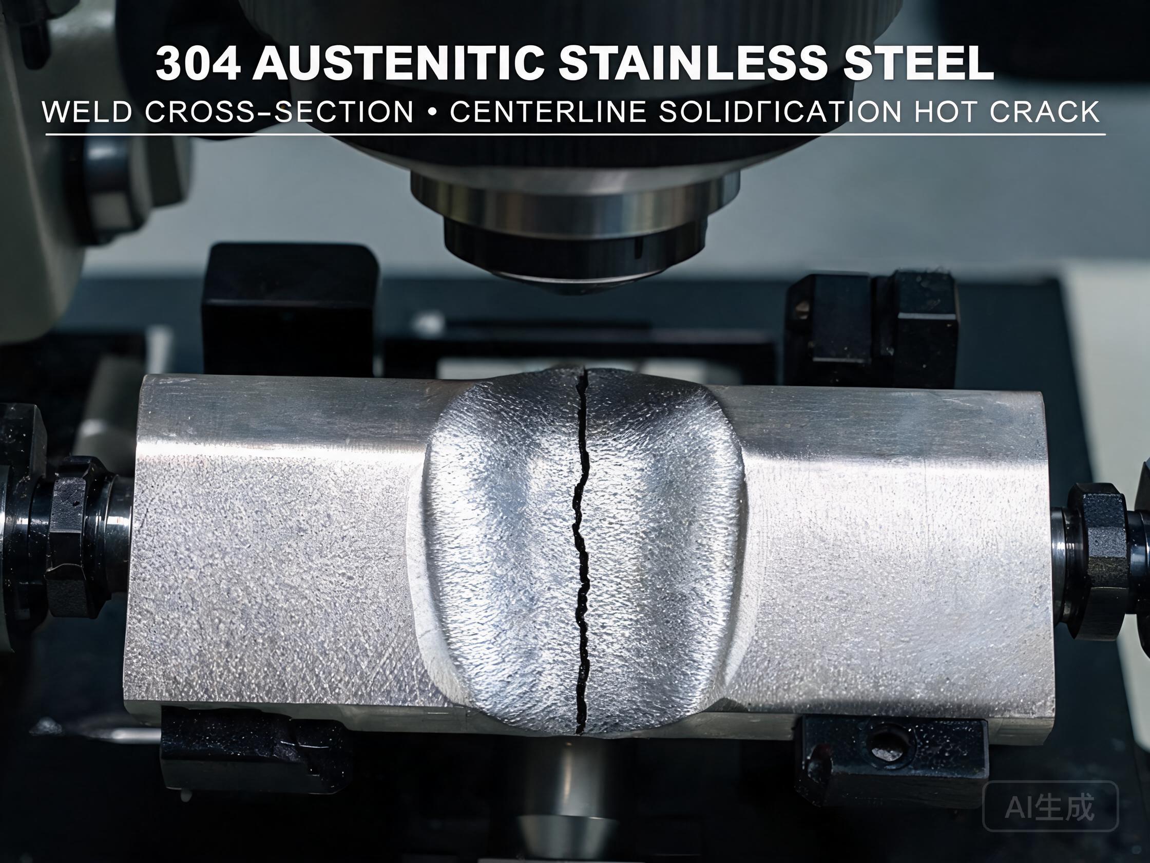 Hot crack running along austenitic stainless steel weld bead under close-up inspection
