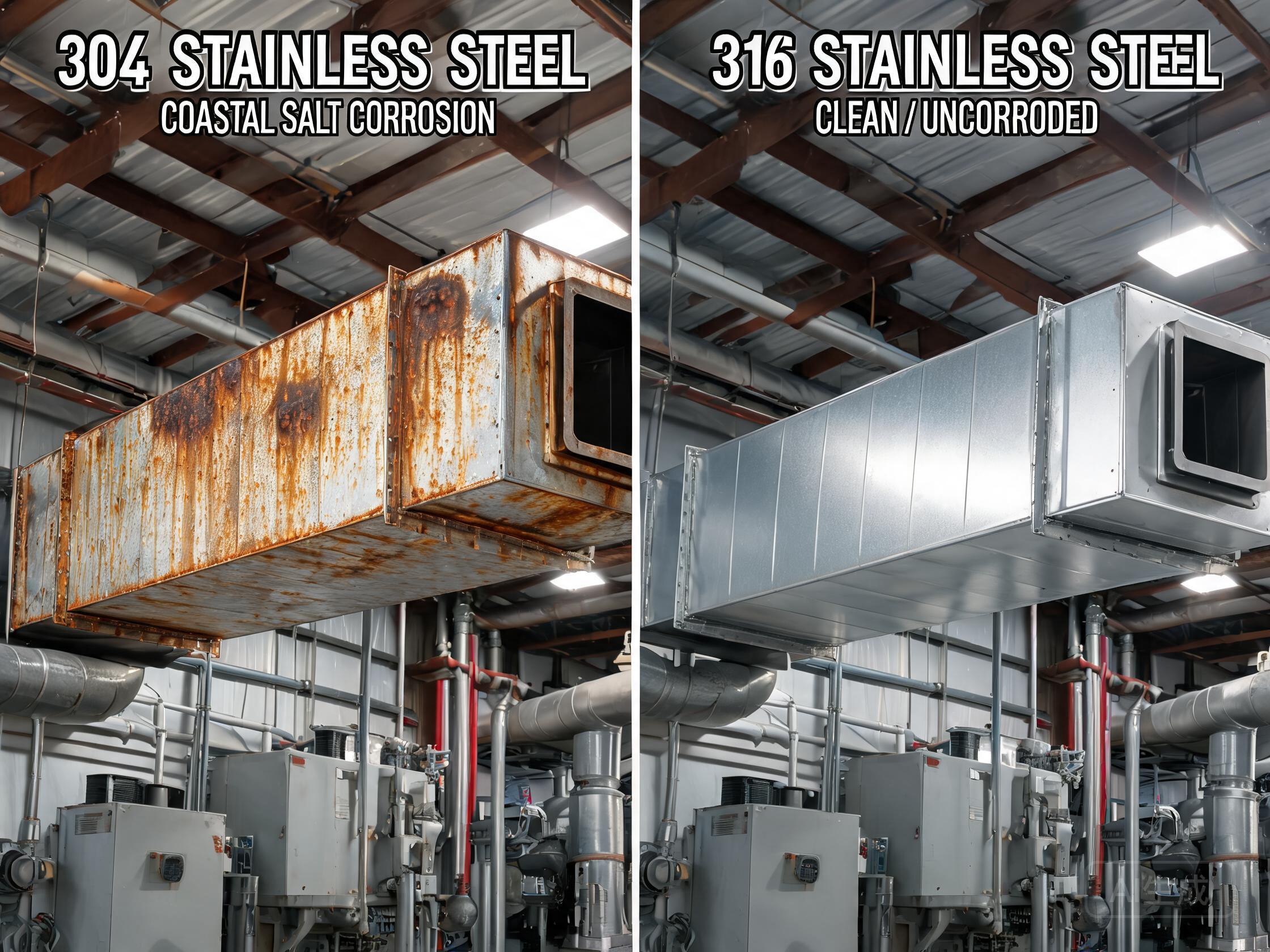 Cold rolled 304 and 316 stainless steel HVAC ducts showing coastal salt spray corrosion comparison after 5 years of installation