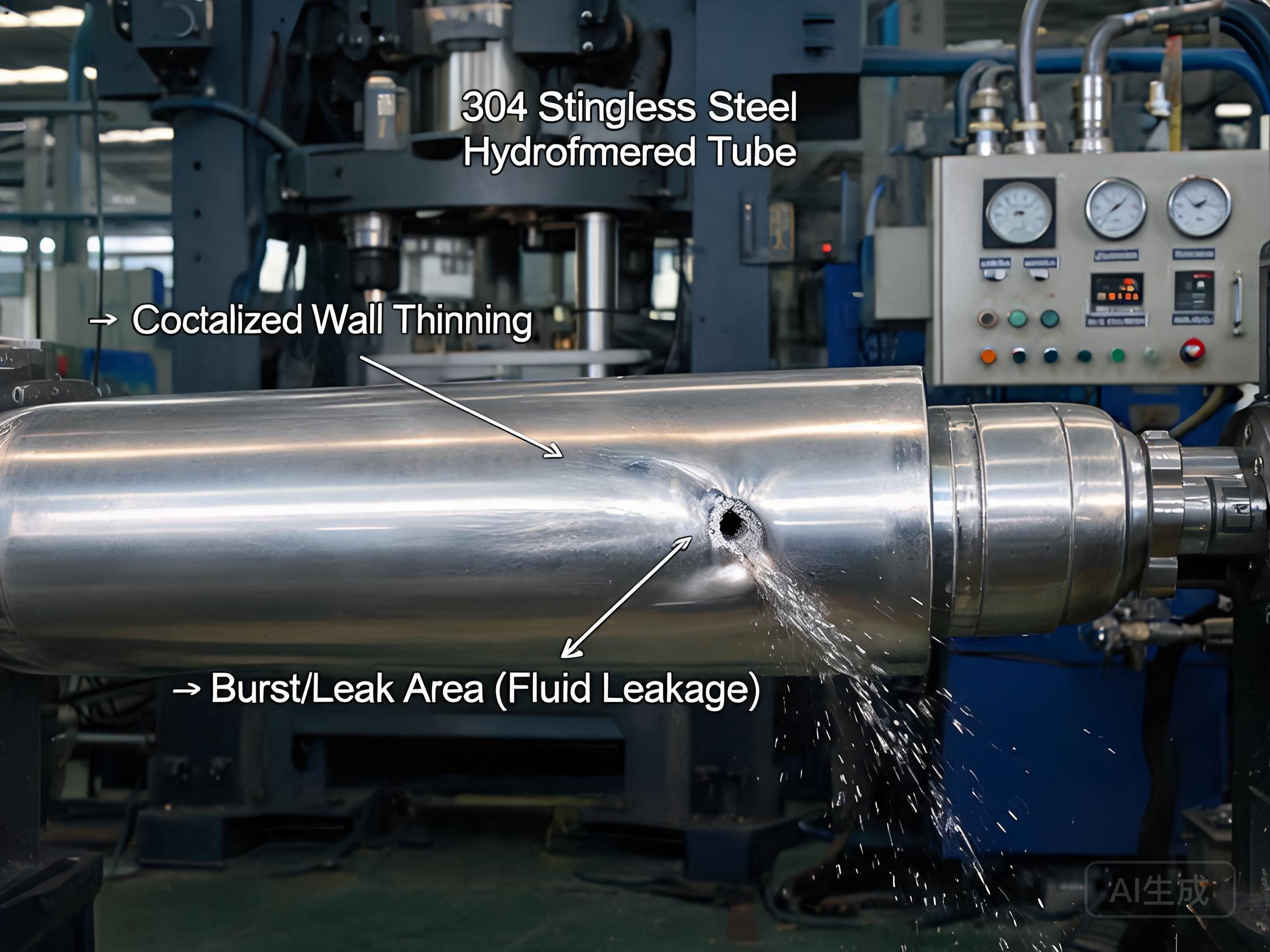 Hydroformed 304 stainless steel tube showing wall thinning and leakage failure at the expansion zone