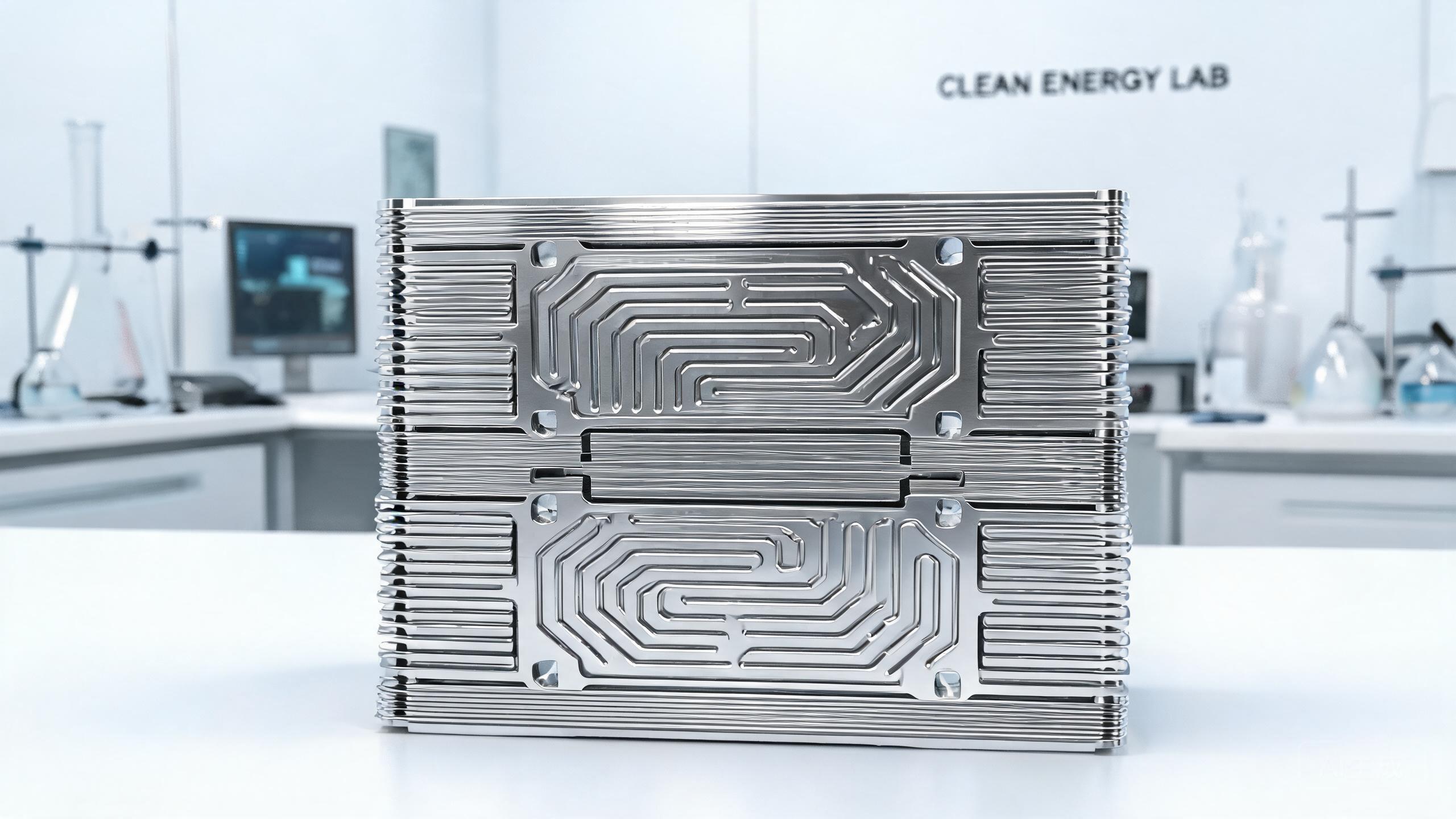 PEM fuel cell stack showing stainless steel bipolar plates