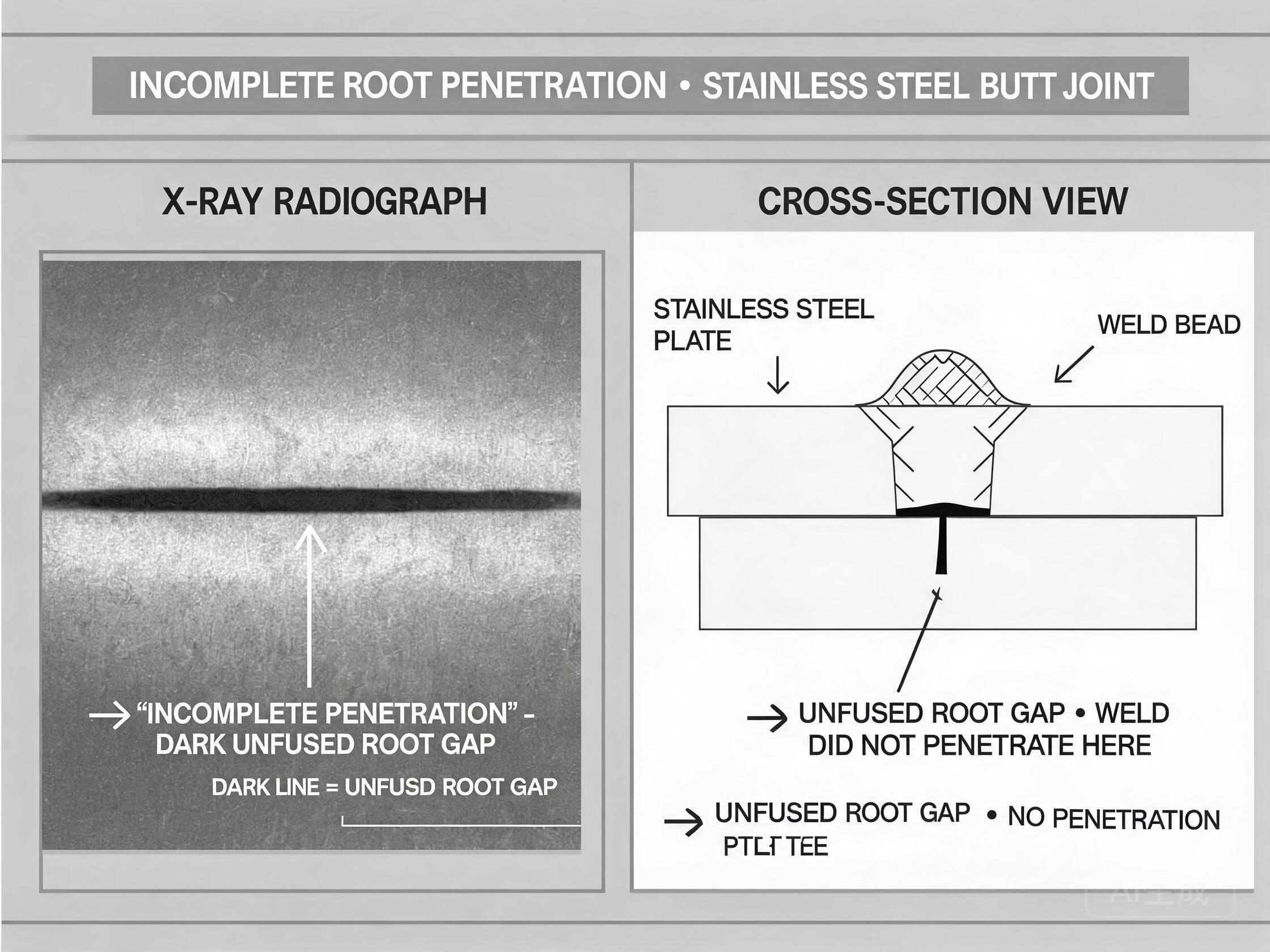 Cross-section macro etch showing incomplete root penetration in a 316 V-groove weld