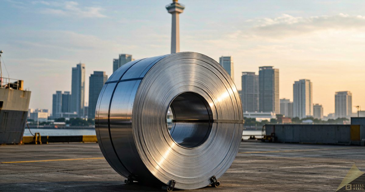 Large stainless steel coil in front of a Jakarta landmark, illustrating Indonesian nickel policy's impact on stainless costs