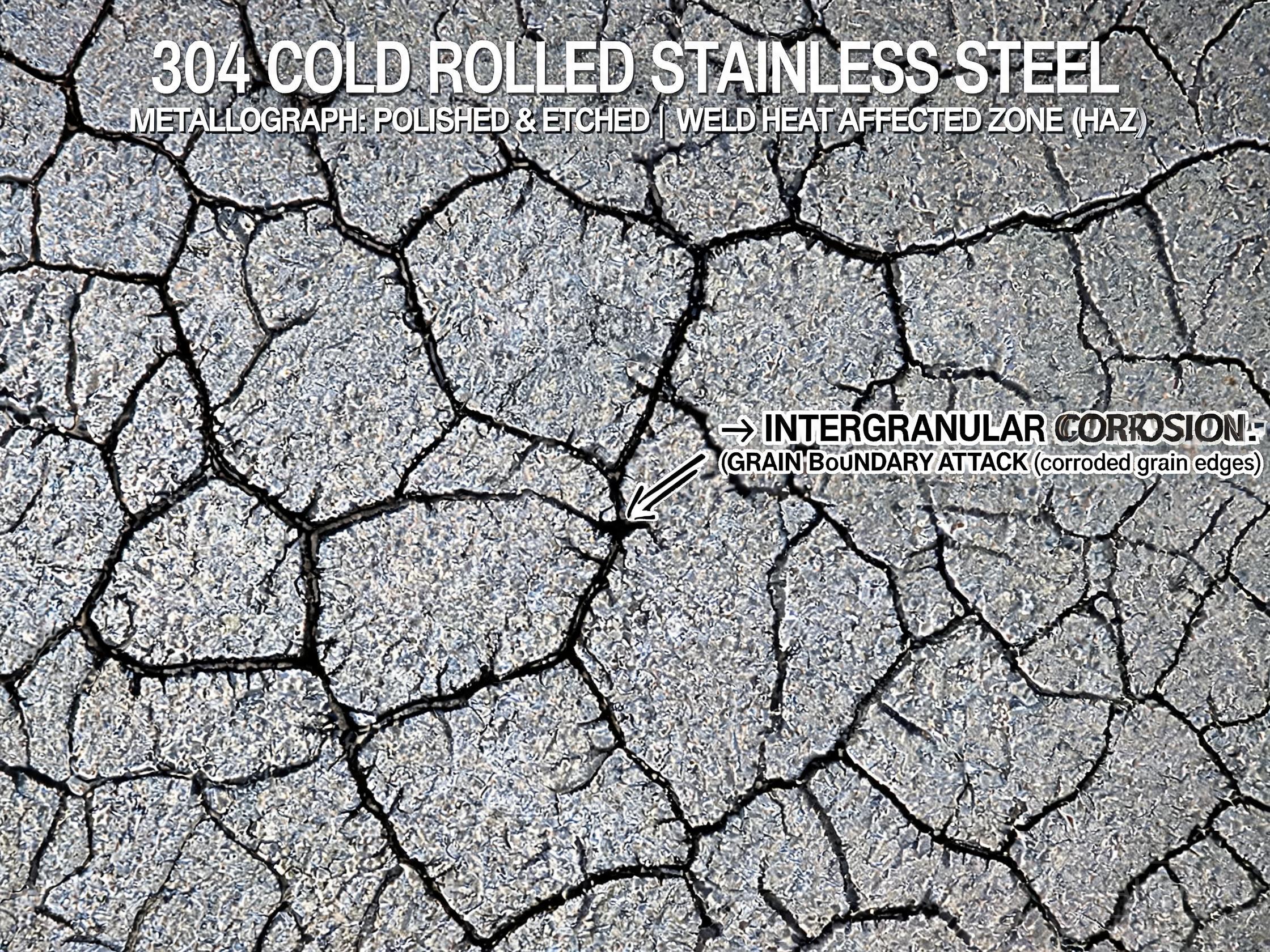 Micrograph showing intergranular corrosion at stainless steel grain boundaries