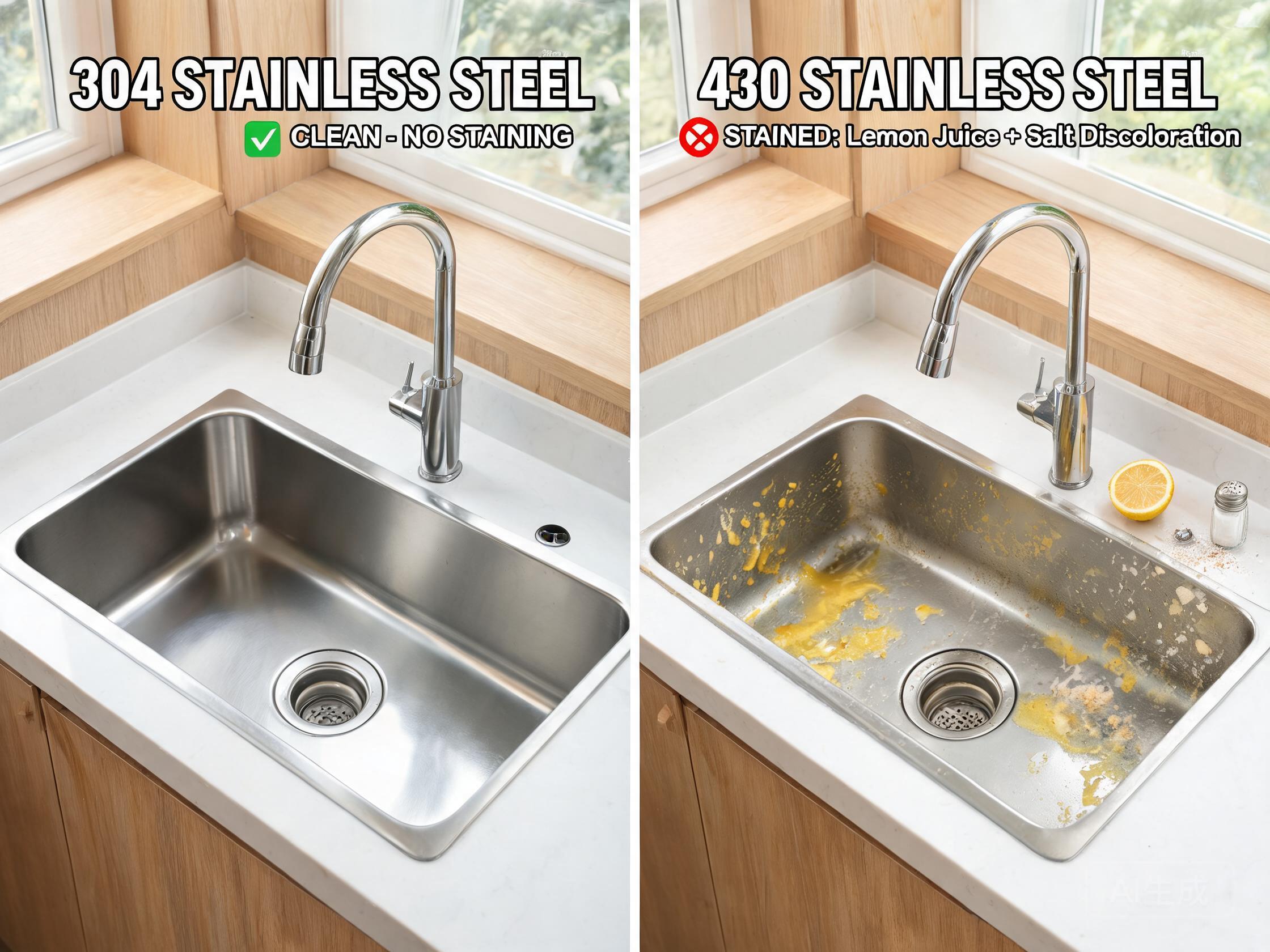 Cold rolled 304 and 430 stainless steel kitchen sinks side-by-side showing 24-hour lemon juice stain test results