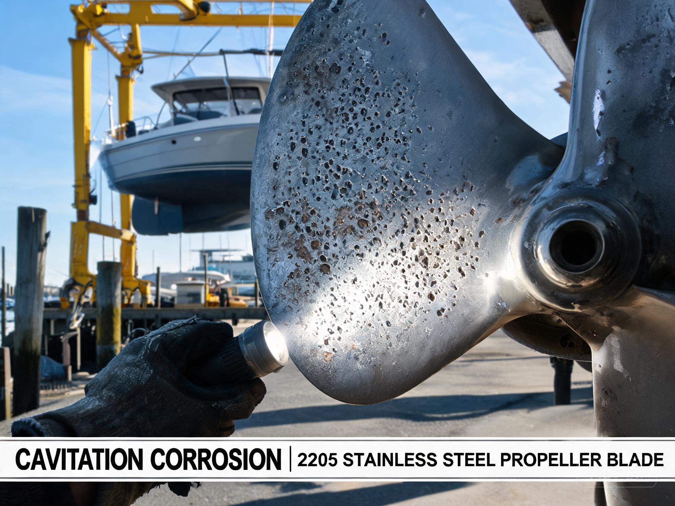 Marine propeller with cavitation erosion pitting on cold rolled stainless steel blade surface