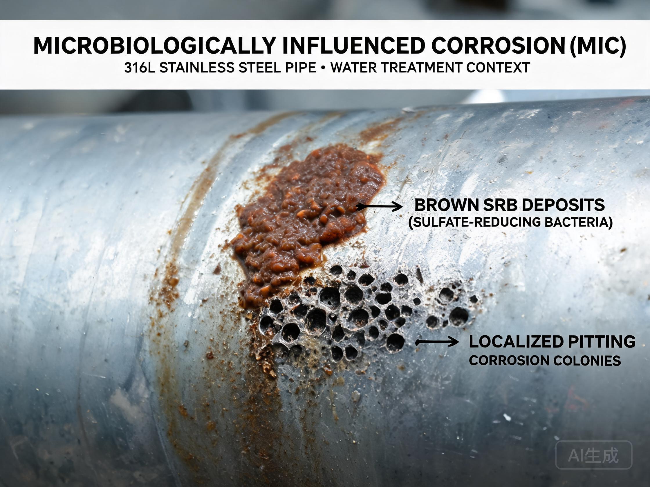 Biofilm and MIC pitting on stainless steel pipe interior