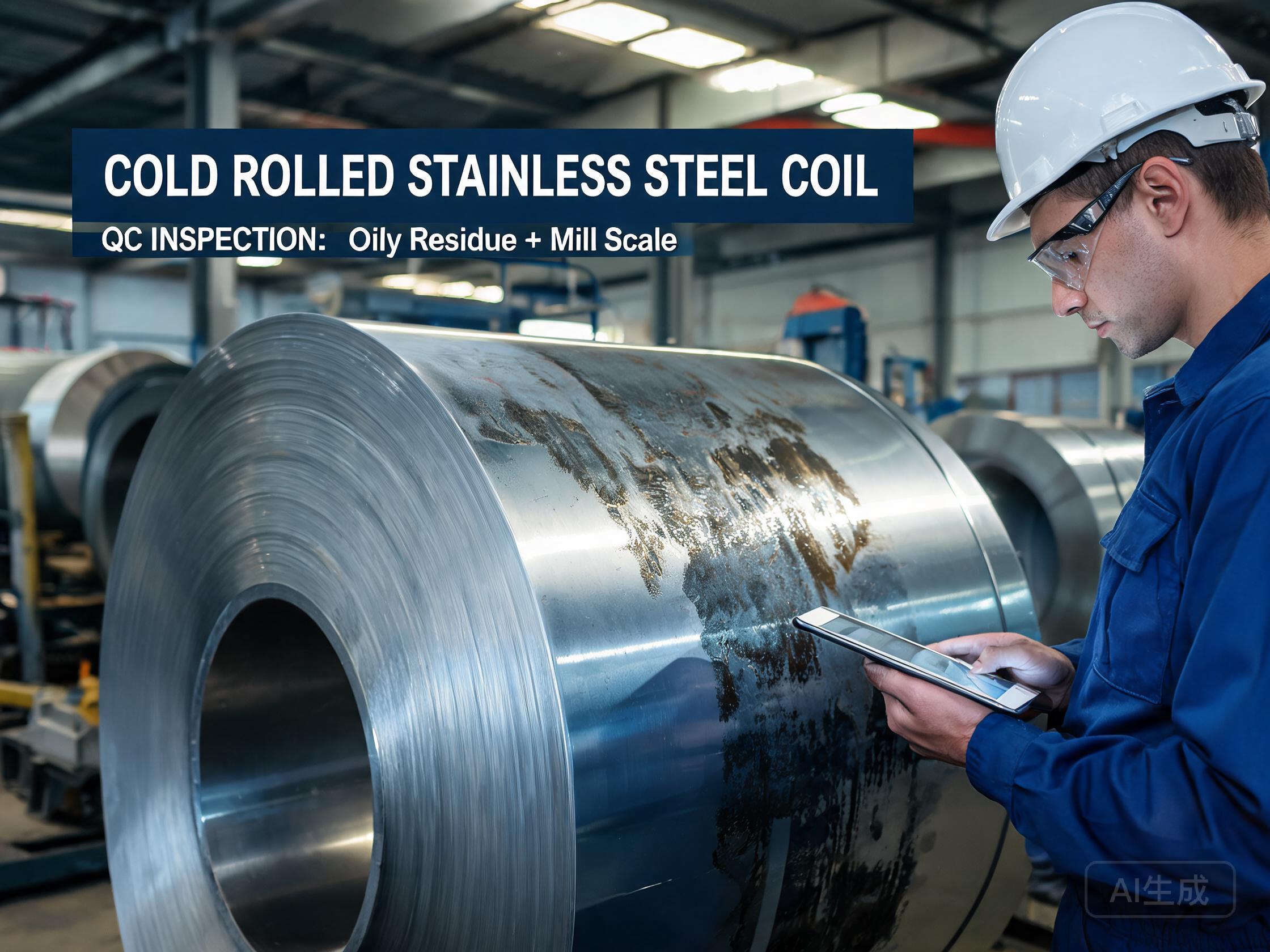 Dull oily residue streaks on cold rolled stainless steel sheet under protective film