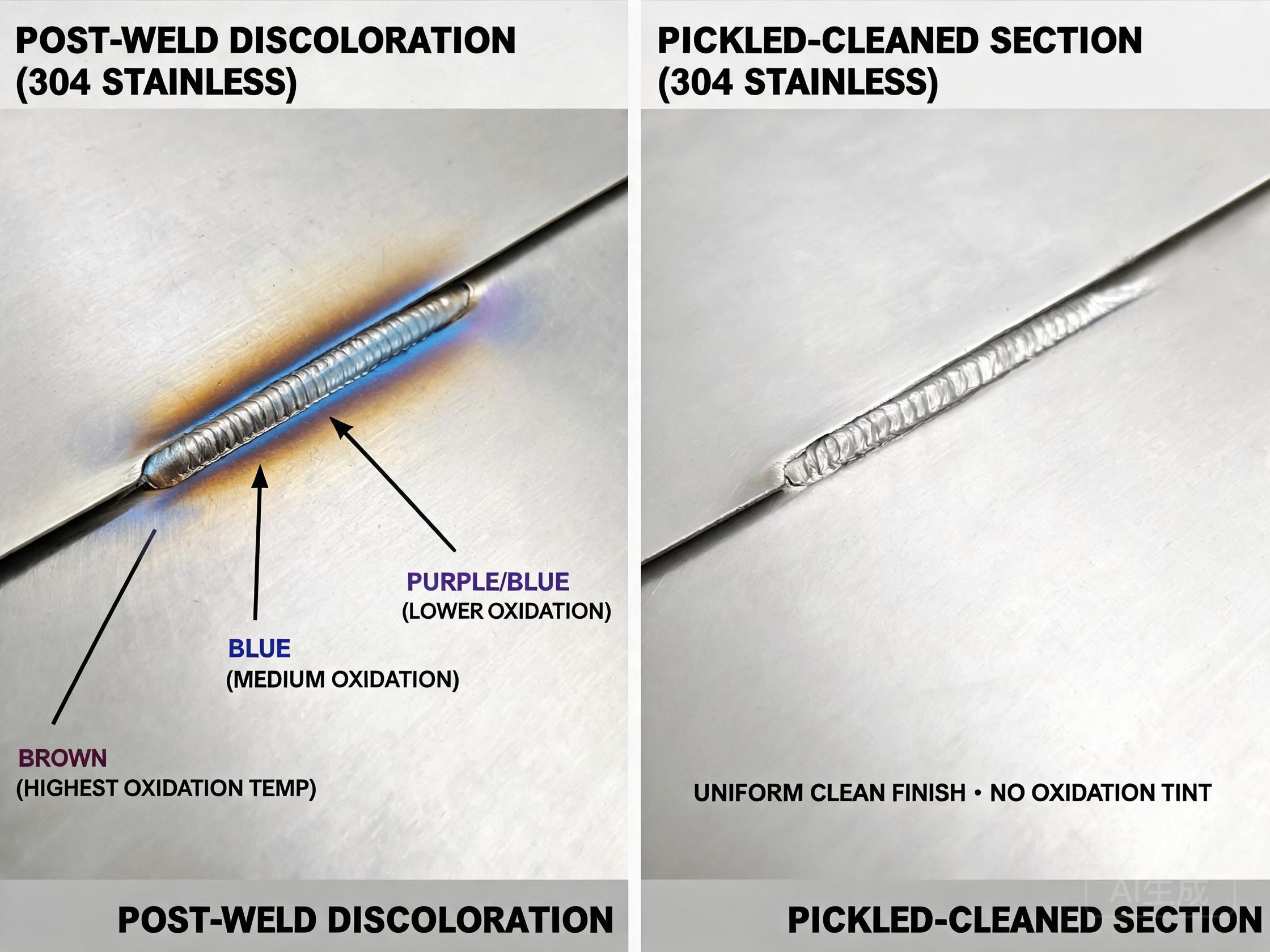 Side-by-side comparison: welded 316 plate with blue heat tint before cleaning, and same area after pickling paste application showing bright white metal