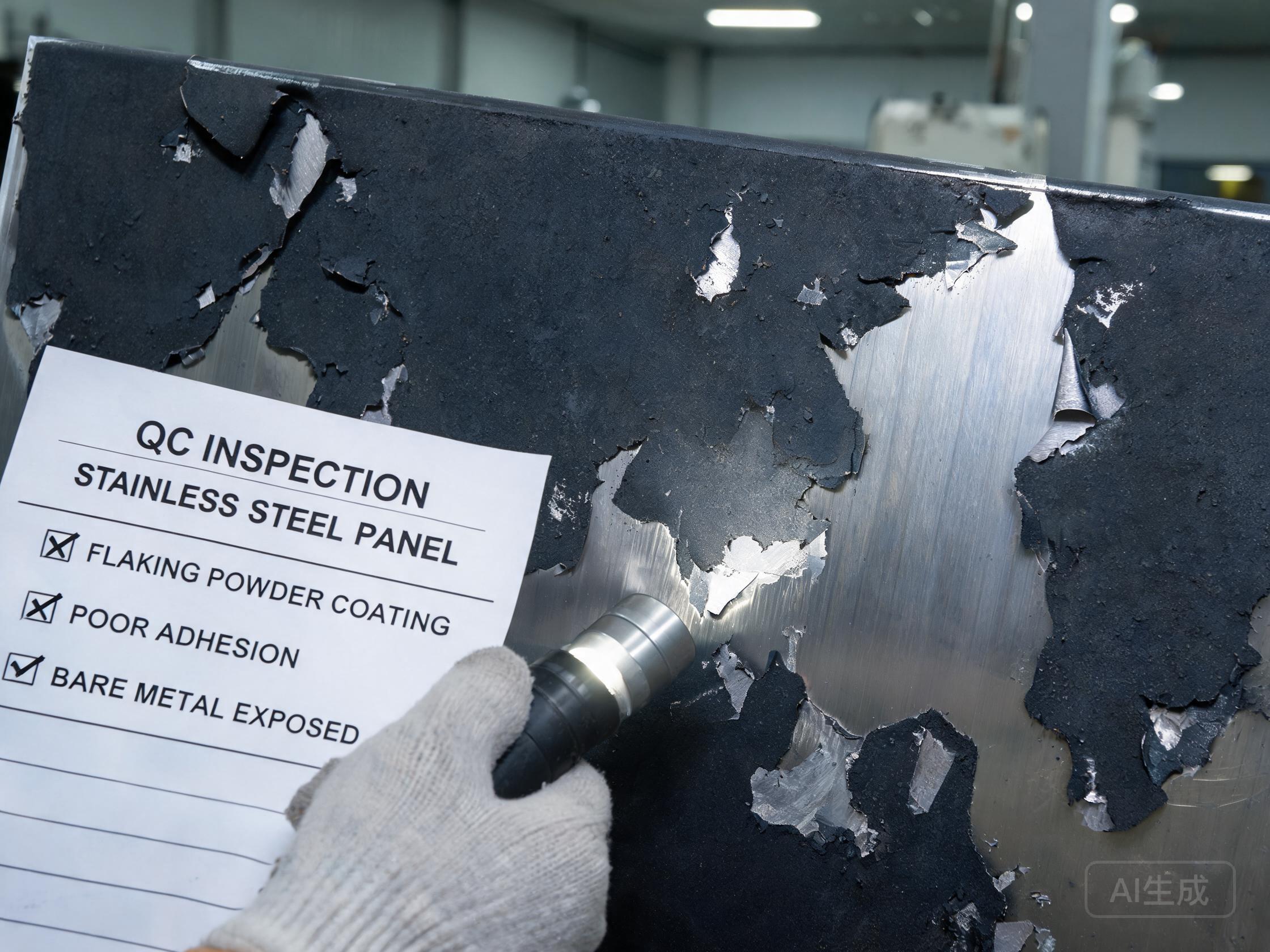Chipped and peeling powder coating on stainless steel sheet after impact
