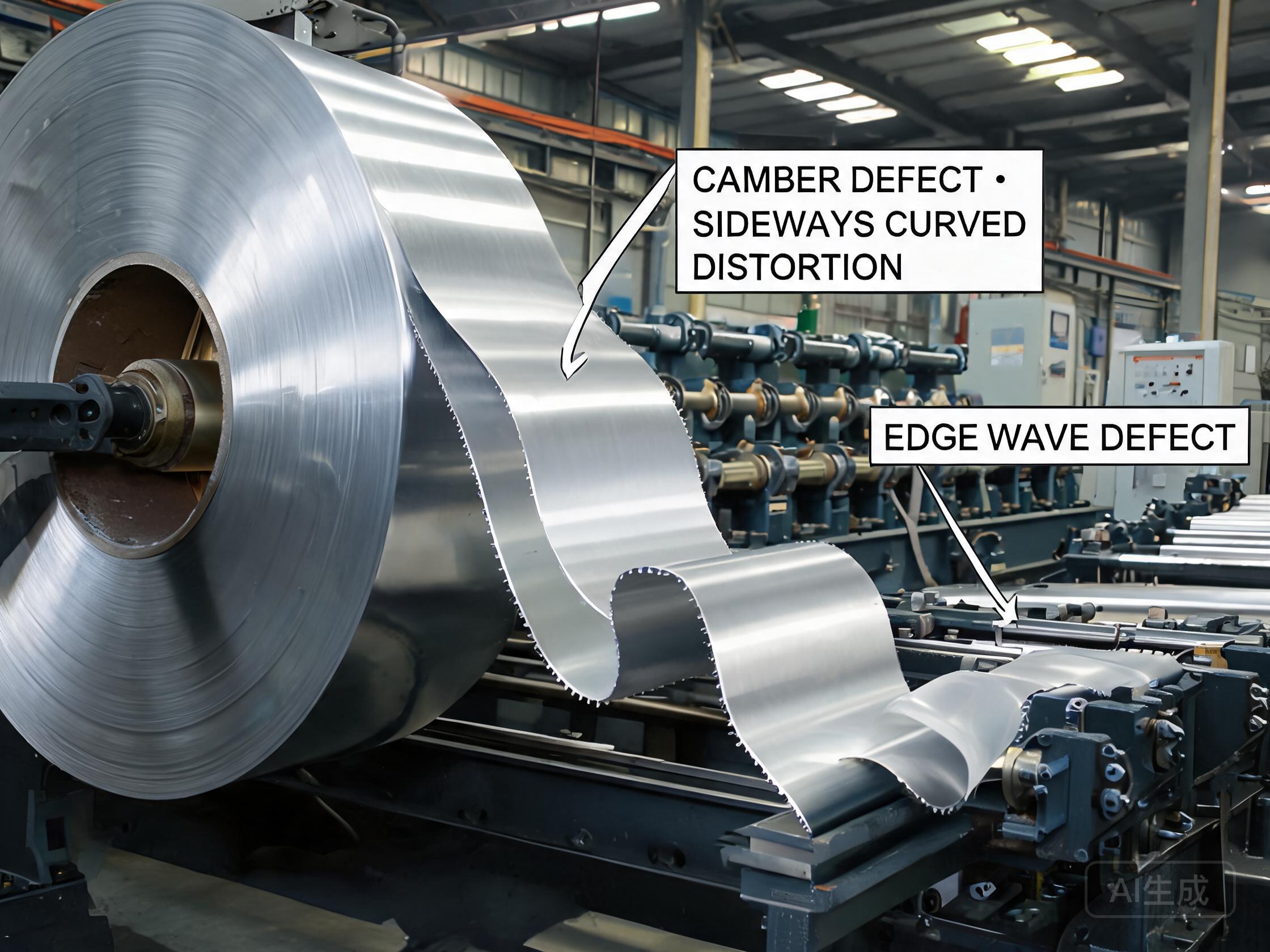 Cold rolled stainless steel strip showing camber (side bow), edge wave and cross bow on the roll former