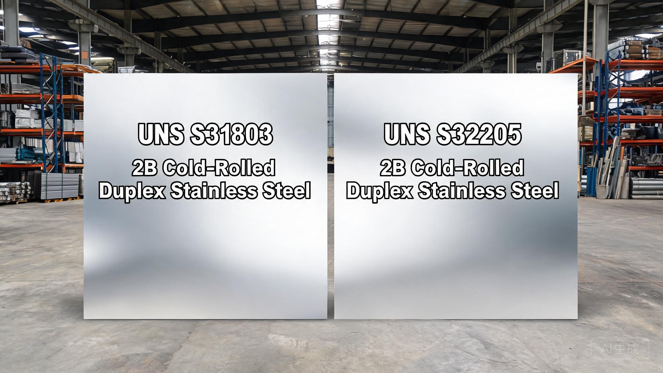 Duplex stainless steel plate with both S31803 and S32205 markings from the same mill