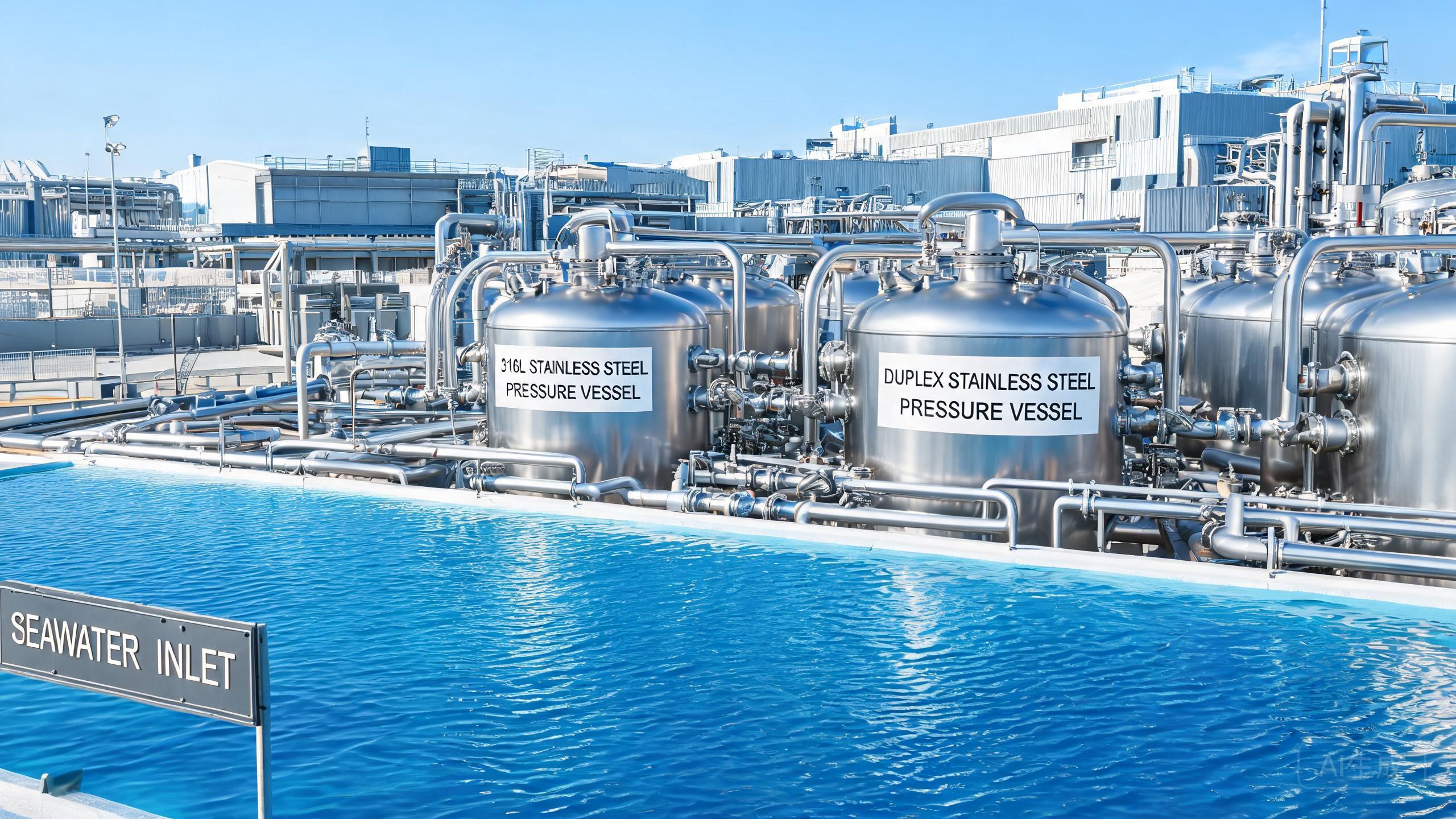 Reverse osmosis desalination plant with duplex stainless steel pressure vessels