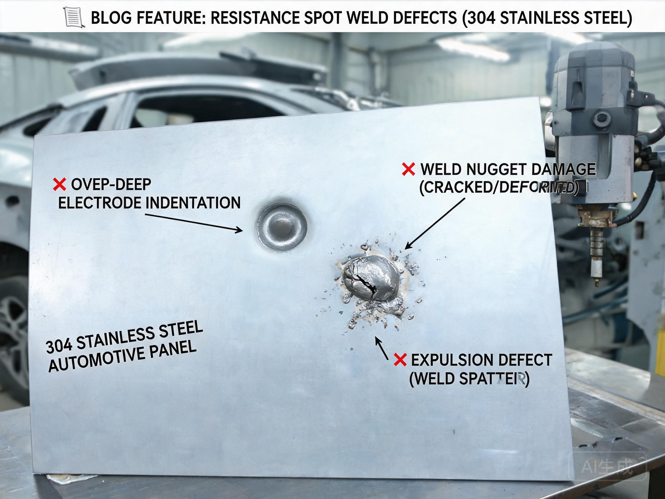Resistance spot welding machine with worn electrode tip and fractured weld shear sample showing good vs bad spot weld performance