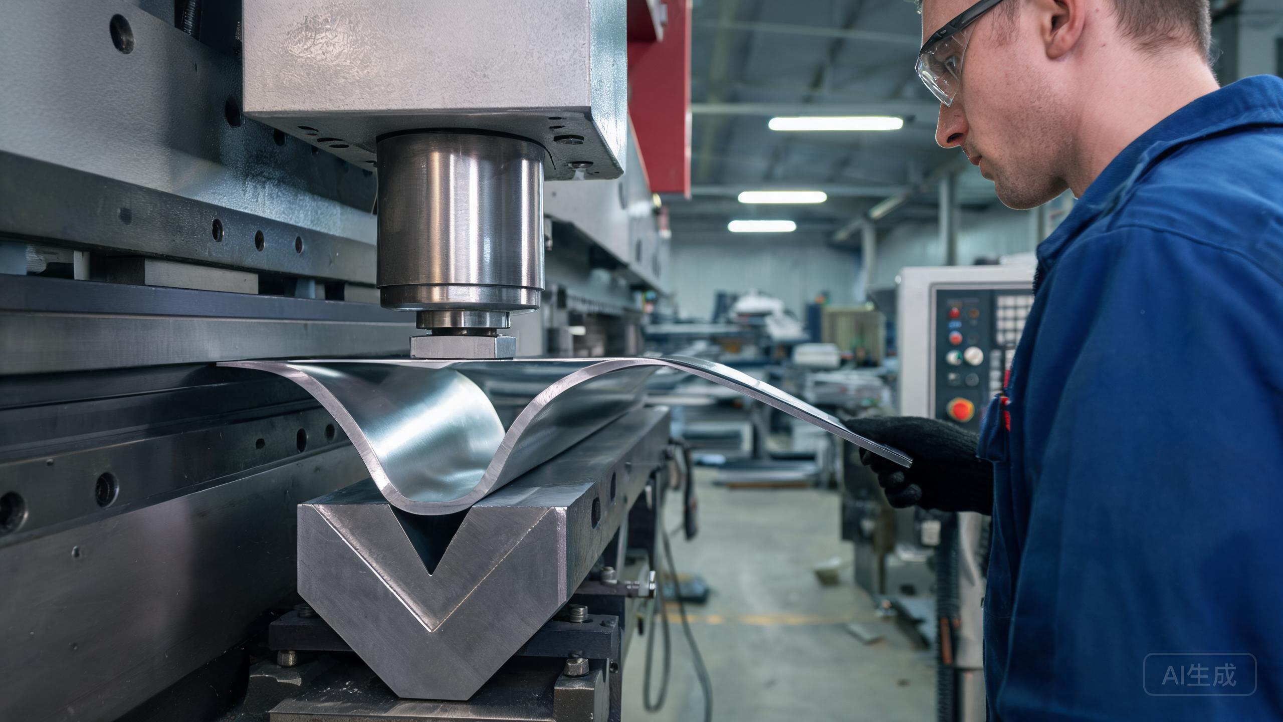 Stainless steel sheet being bent on a CNC press brake
