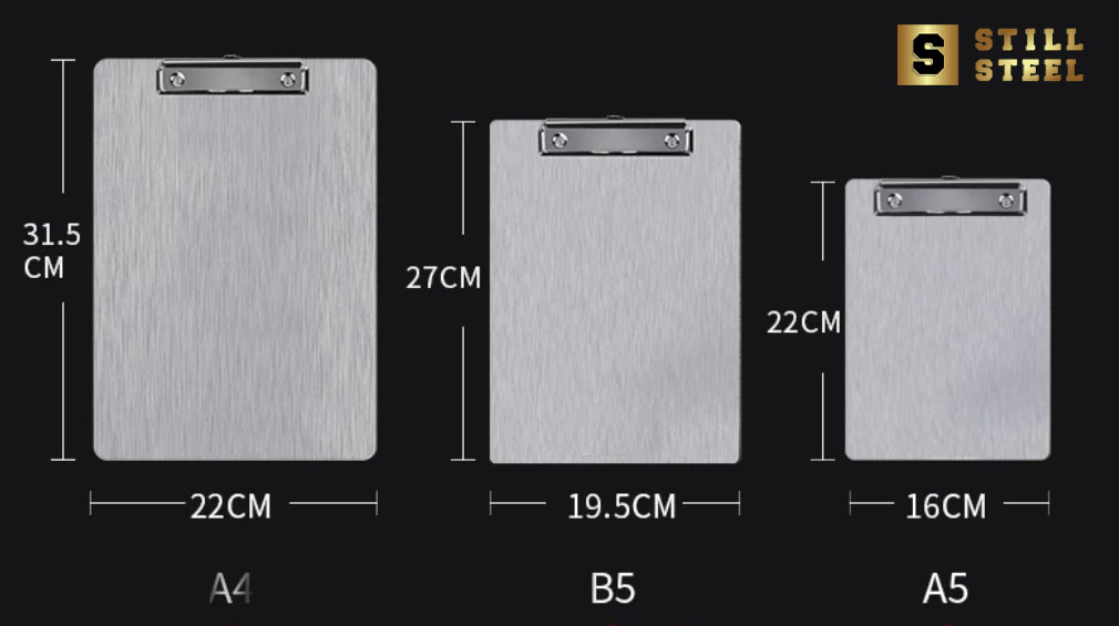 A4 B5 and A5 stainless steel clipboards made from brushed sheet