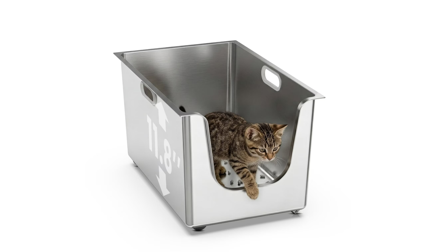 Stainless steel litter box with a cat inside, showing the high-sided, easy-clean design