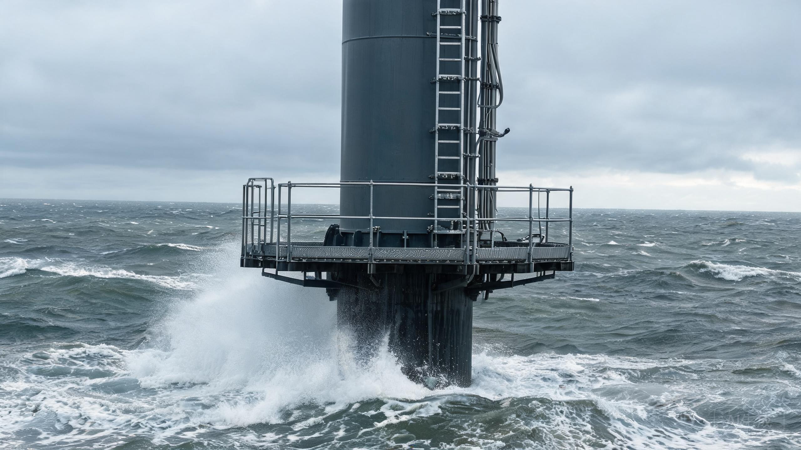 Monopila eólica marina con escalera y plataforma de acero inoxidable en mar agitado