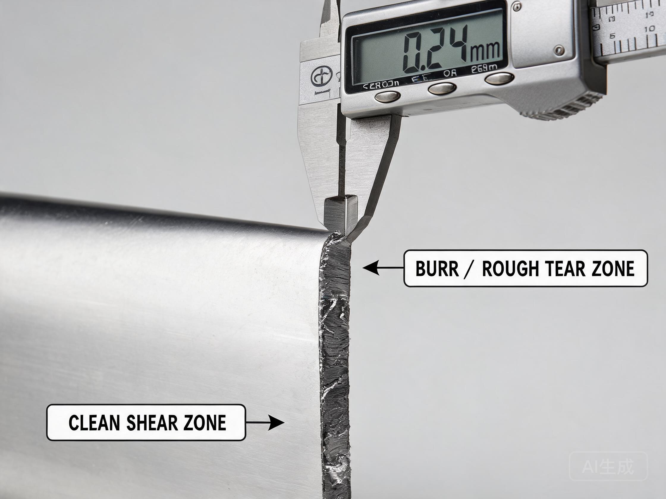 Comparison of stamped 304 vs 430 stainless steel blanks showing difference in burr height and tear zone