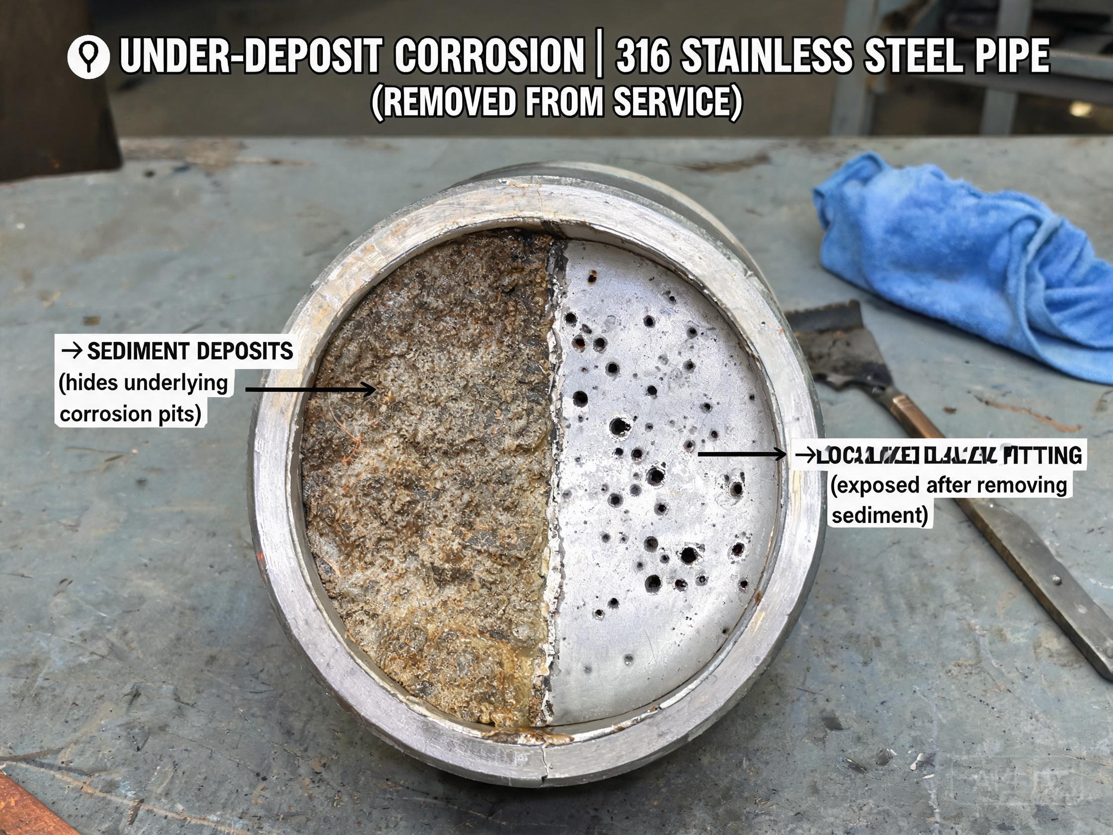 Stainless steel pipe interior showing sediment deposits and under-deposit pitting