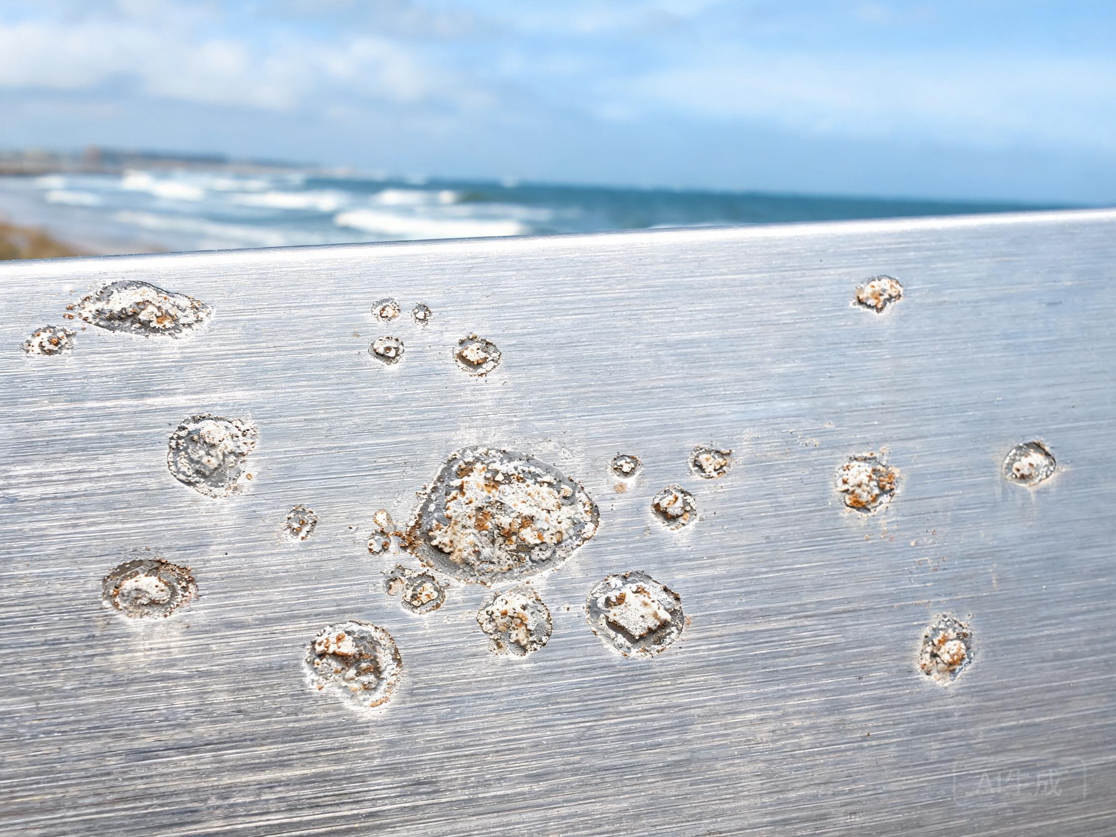 White cloudy water spots and streaks on polished stainless steel surface