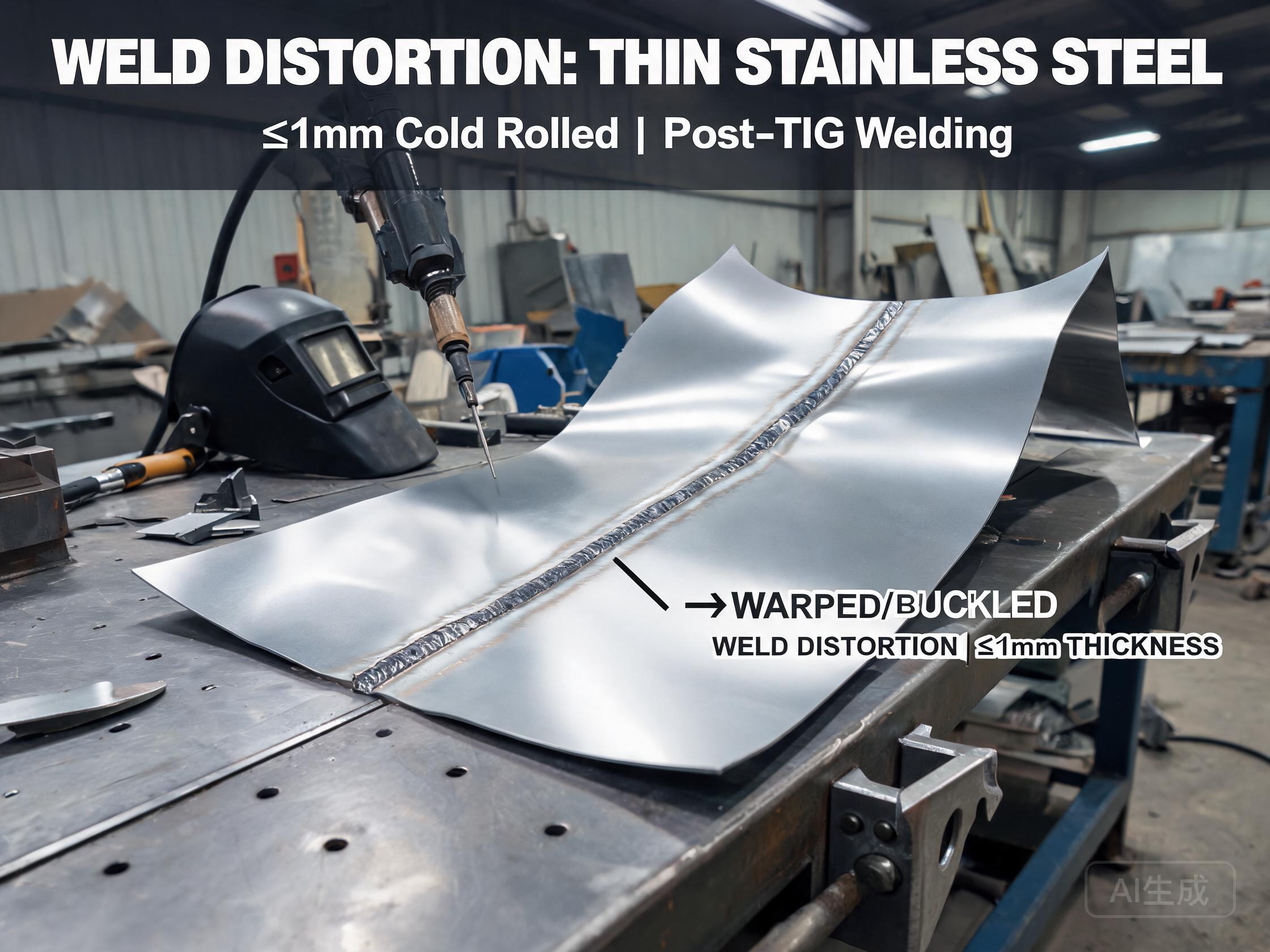 Thin 0.8mm 304 stainless sheet showing buckled edges after conventional continuous welding